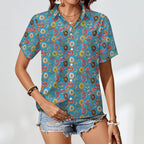 Doughnuts On Blue Women's Collared Pocketless Short Sleeve Shirt