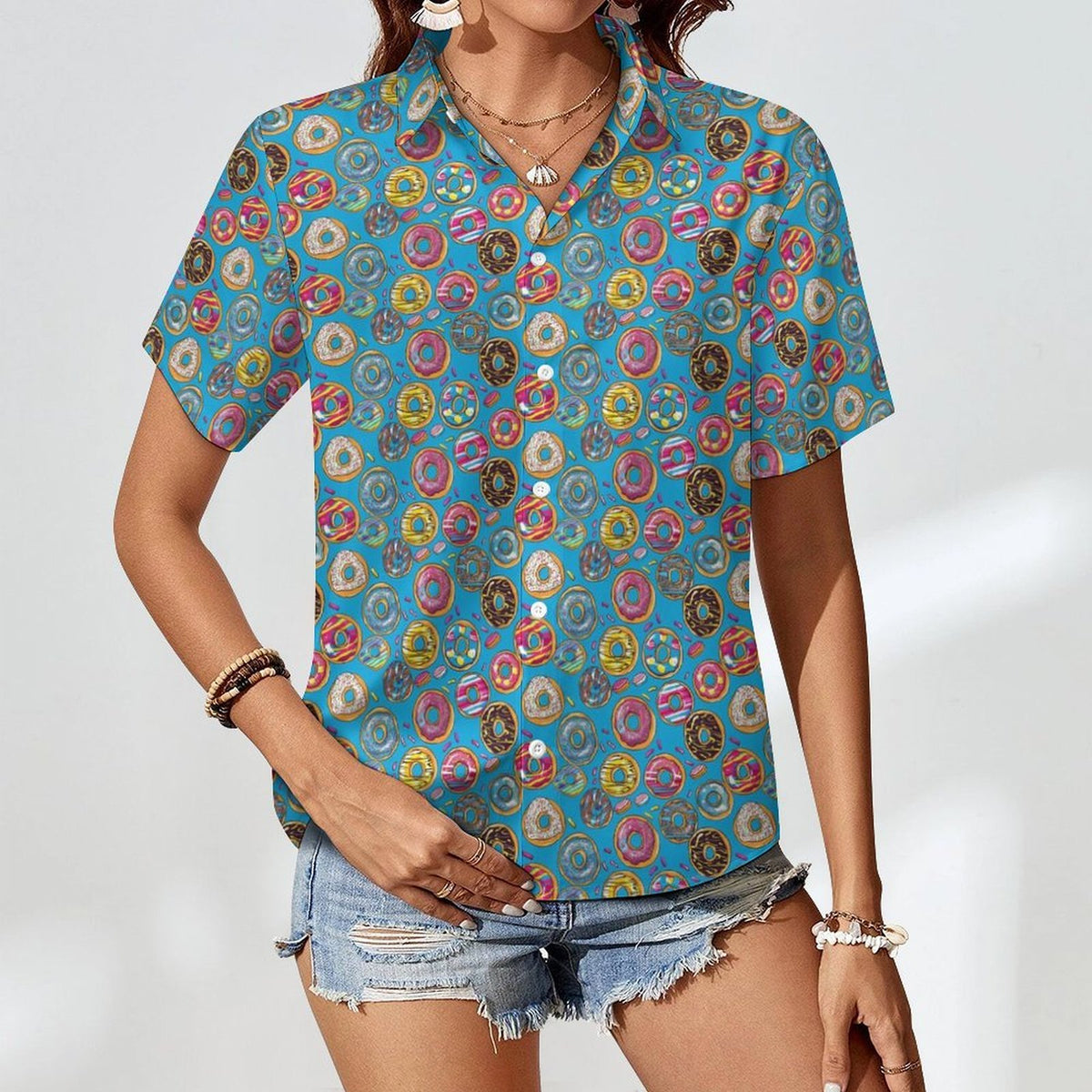 Doughnuts On Blue Women's Collared Pocketless Short Sleeve Shirt