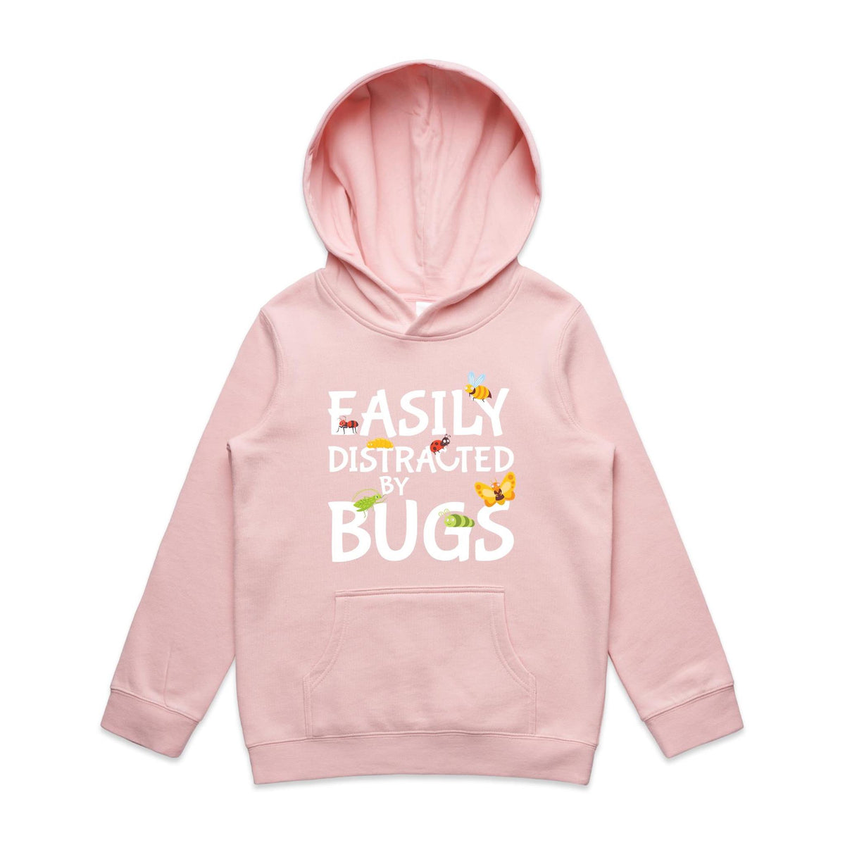 Easily Distracted By Bugs Kids AS Colour Hoodie Pink Kids Hoodie Printed In Australia