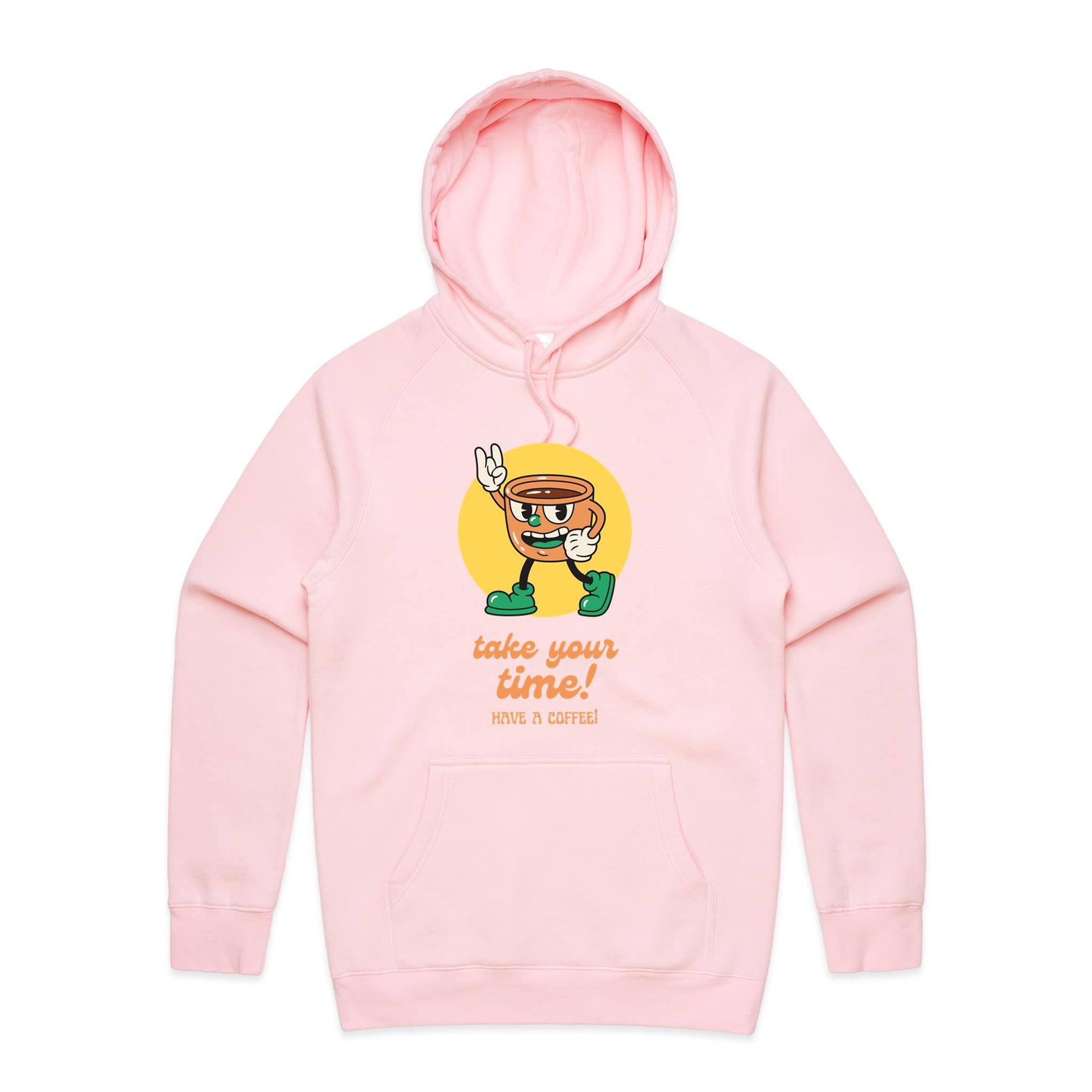 Take Your Time, Have A Coffee - Mens Hoodie Pink Mens Hoodie Coffee Printed In Australia Retro
