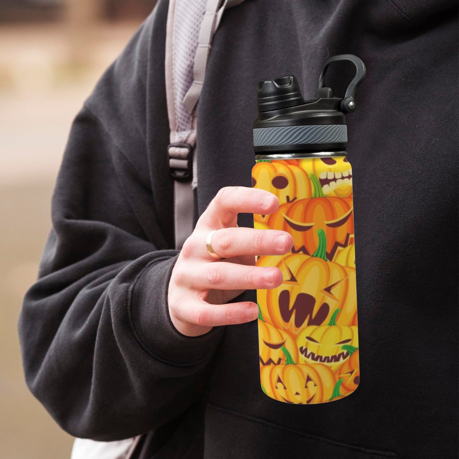 Halloween Pumpkins - Insulated Water Bottle with Dual-Use Lid (18oz) Insulated Water Bottle with Dual-Use Lid (18oz) Halloween Printed Offshore
