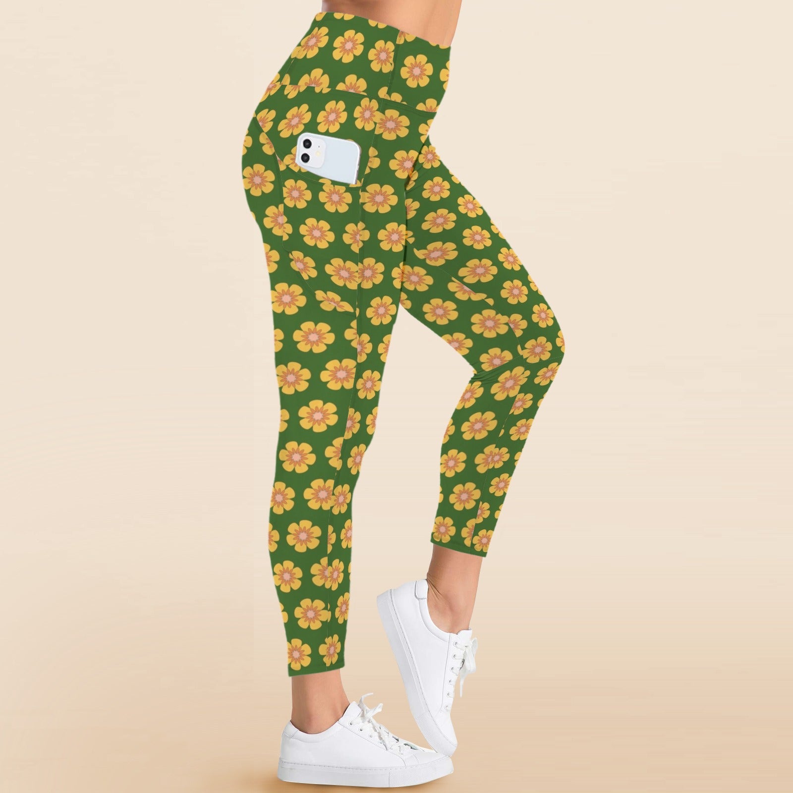 Yellow Flowers On Green Women's High Waist Pockets Yoga Leggings