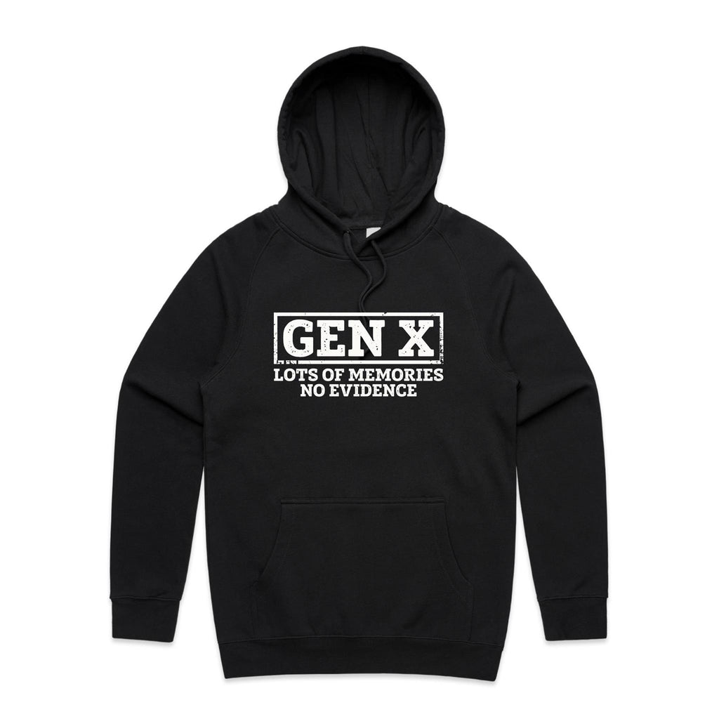 Gen X, Lots Of Memories, No Evidence Men's AS Colour Hoodie Black Mens Hoodie Printed In Australia