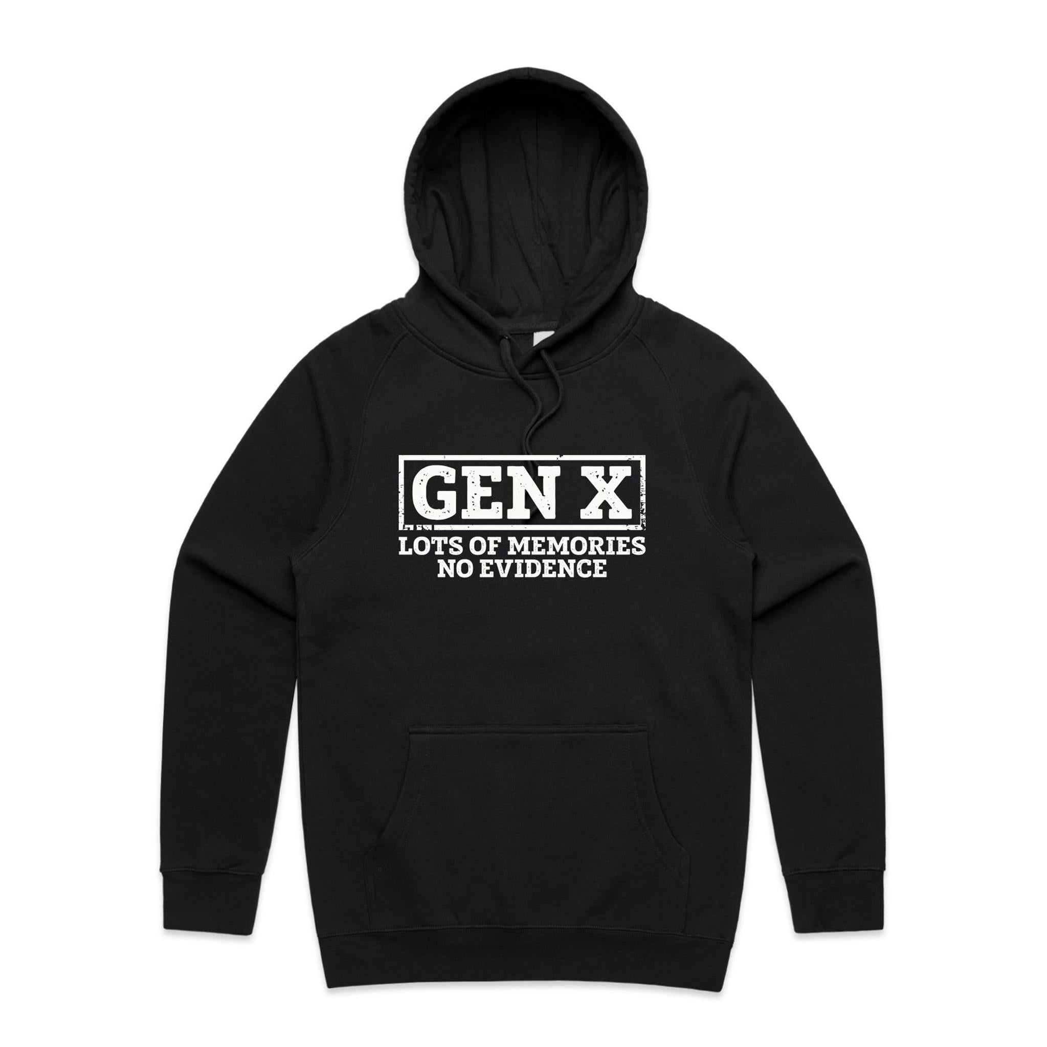 Gen X, Lots Of Memories, No Evidence Men's AS Colour Hoodie Black Mens Hoodie Printed In Australia