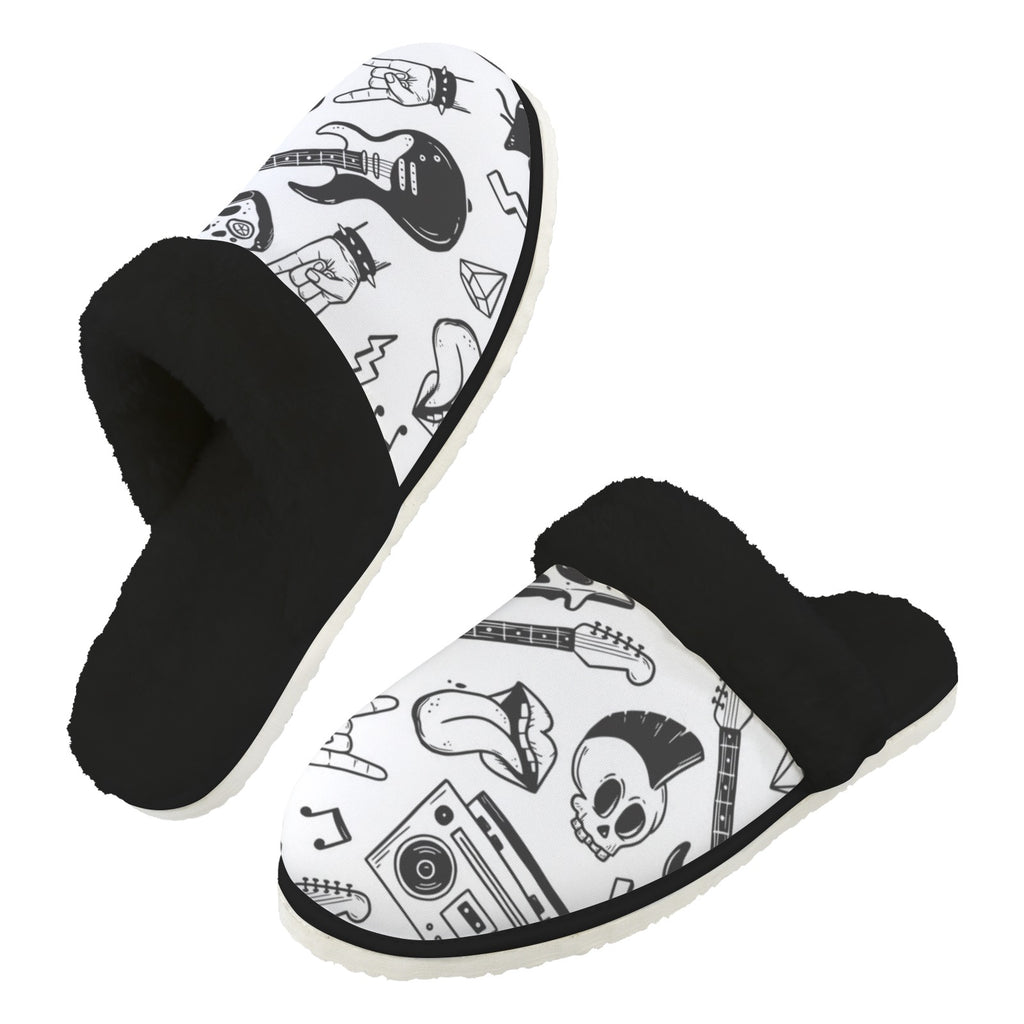 Rock Music Men's Fur Trim Thick-Sole Indoor Slippers 2XL Men's Fur Trimmed Slippers Music Printed Offshore