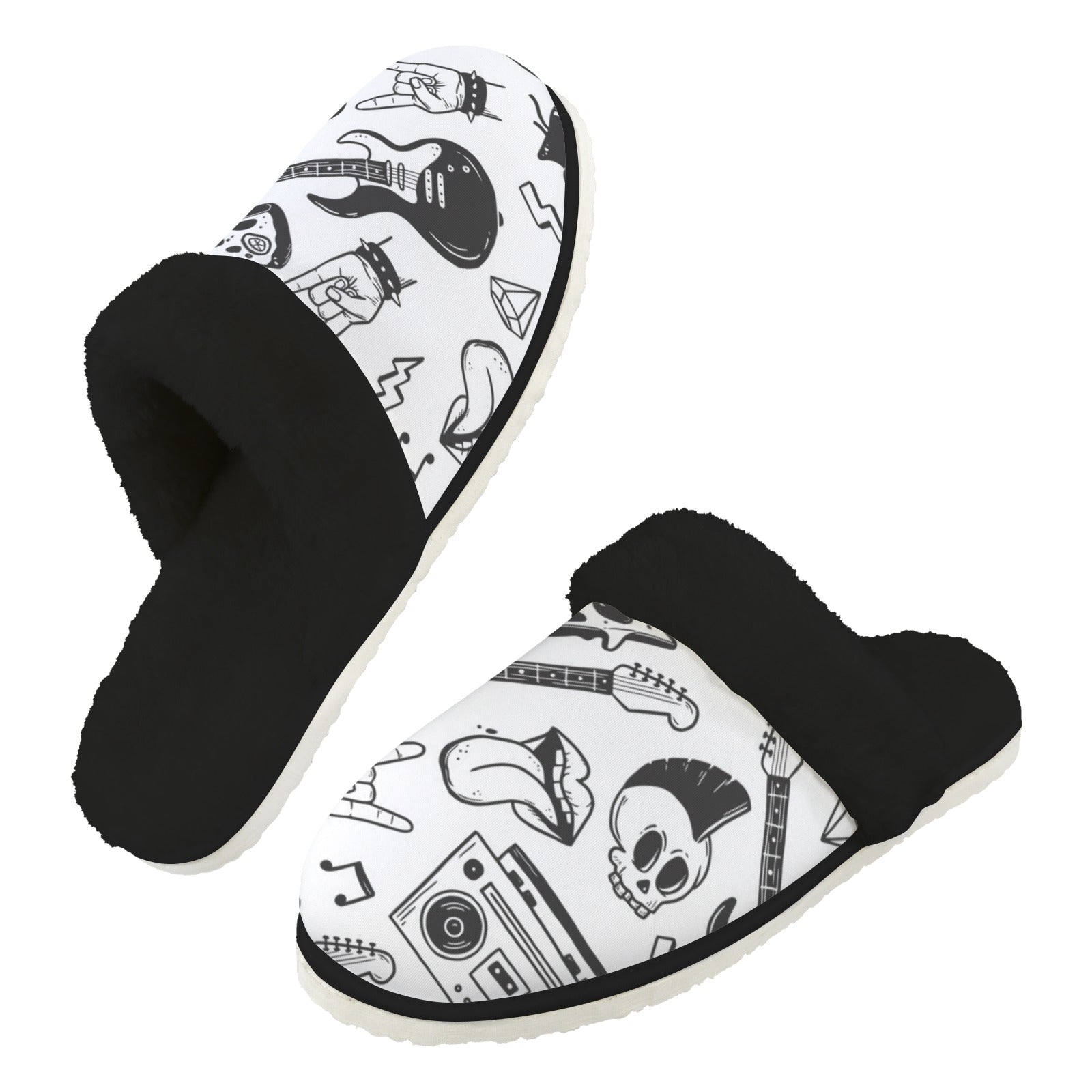 Rock Music Men's Fur Trim Thick-Sole Indoor Slippers 2XL Men's Fur Trimmed Slippers Music Printed Offshore