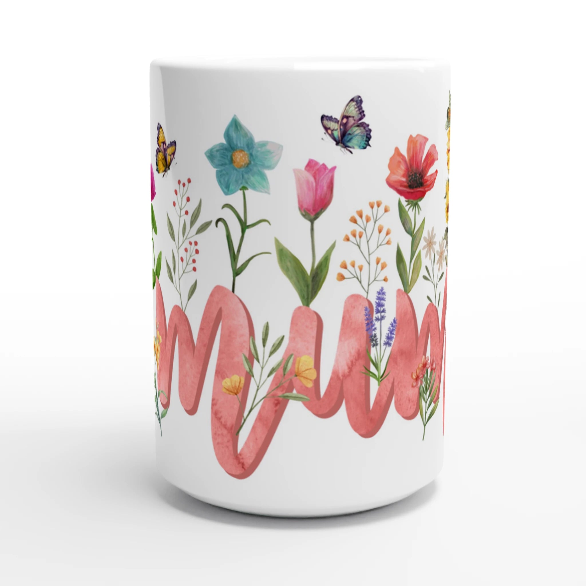 Personalised - Mum With Flowers And Butterflies - White 15oz Ceramic Mug Personalised 15oz Mug Globally Fulfilled Mum