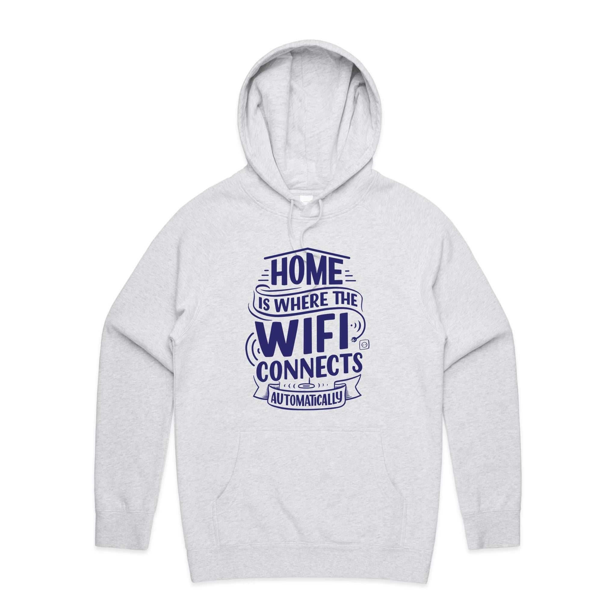 Home Is Where The WIFI Connects Automatically - Mens Hoodie White Marle Mens Hoodie Printed In Australia Tech