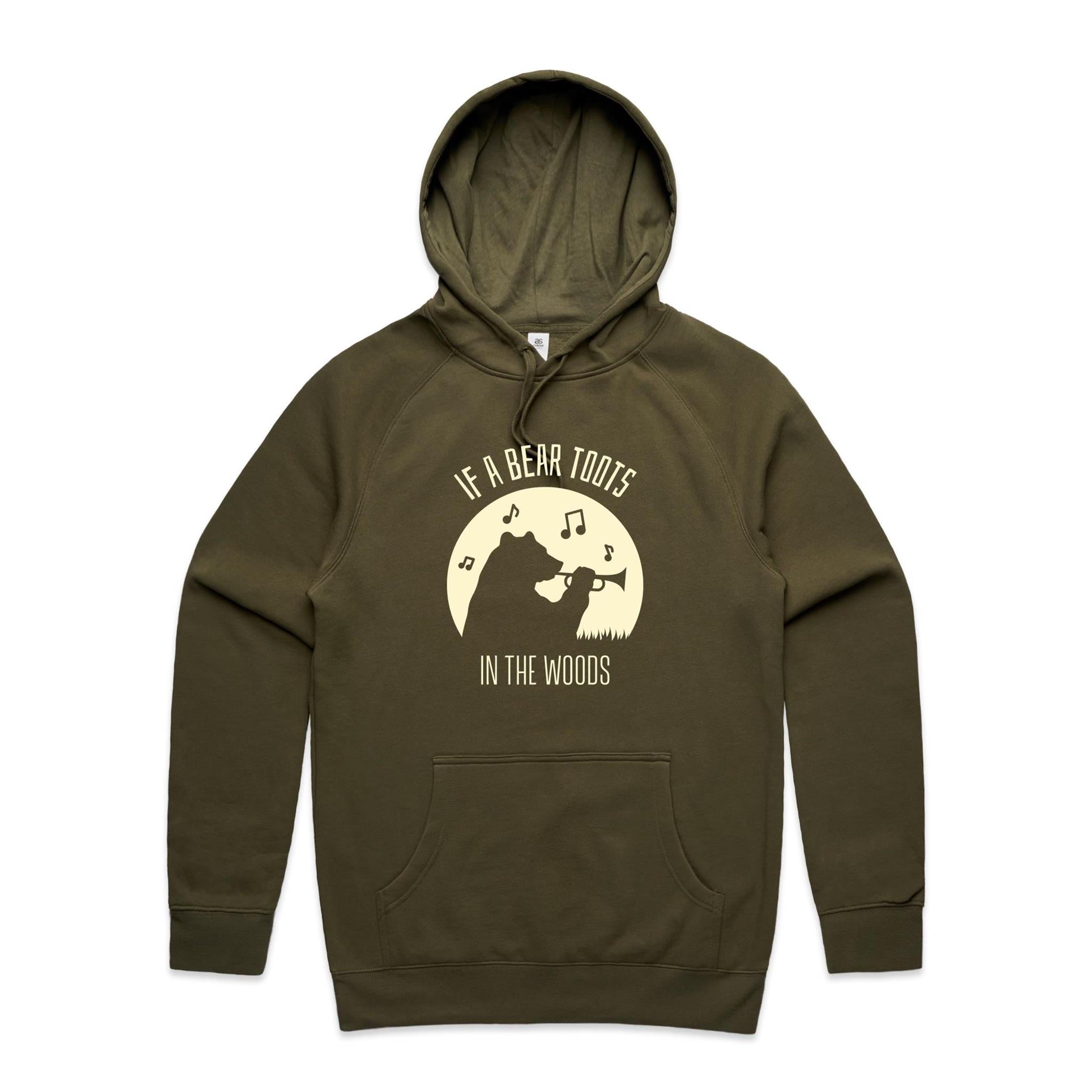 If A Bear Toots In The Woods, Trumpet Player - Mens Hoodie Army Mens Hoodie animal Music Printed In Australia