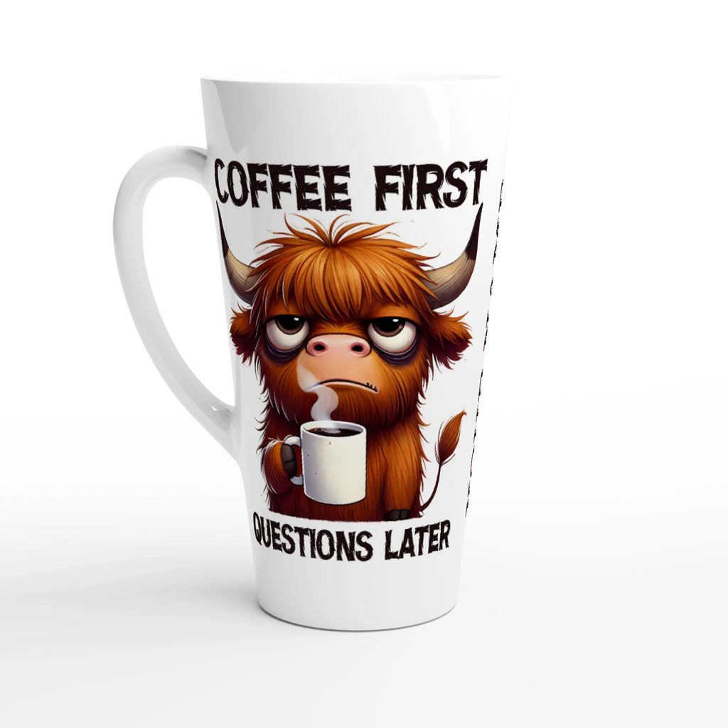 Personalise - Coffee First, Questions Later, Highland Cow - White Latte 17oz Ceramic Mug Default Title Personalised Latte Mug animal Coffee Globally Fulfilled