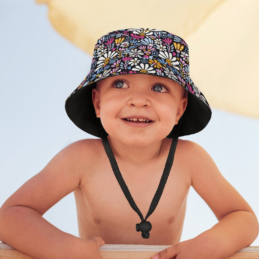 Graphic Flowers On Black Kids Bucket Hat Kids Bucket Hat Plants Printed Offshore