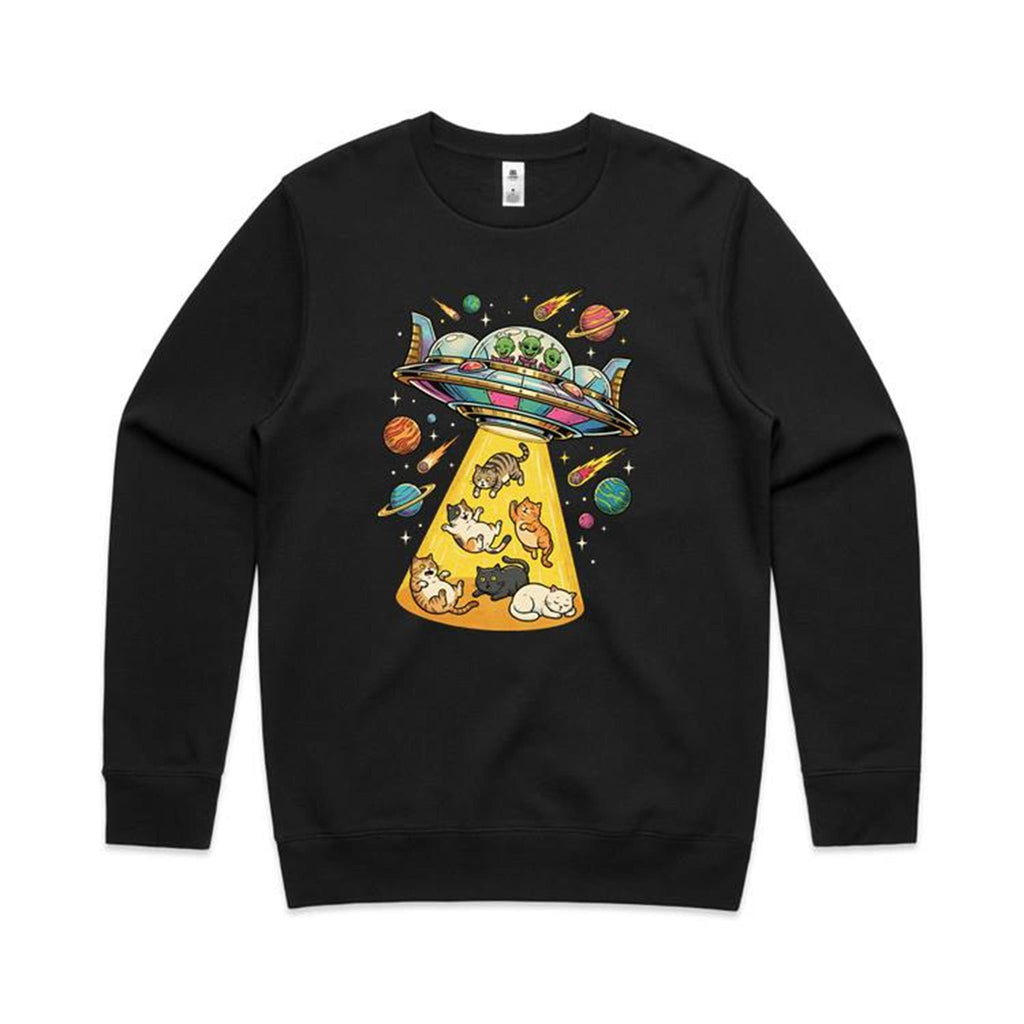 UFO Cat Abduction AS Colour Stencil Crew Sweatshirt Unisex Black Sweatshirt animal Printed In Australia Sci Fi
