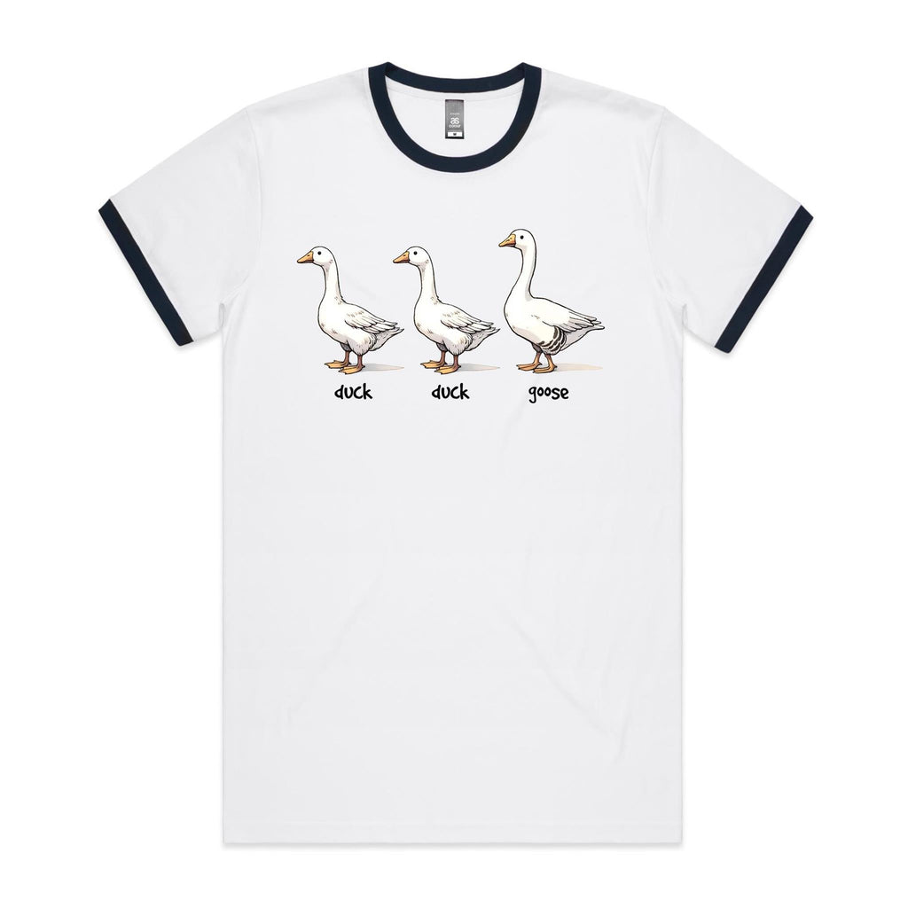 Duck Duck Goose - Staple Ringer Tee White Navy Ringer T-Shirt animal Games Printed In Australia