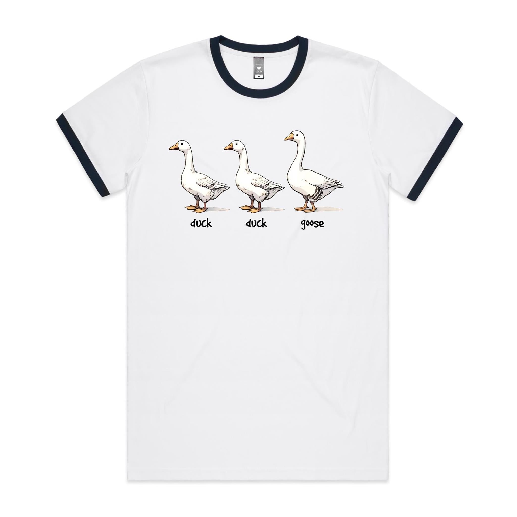 Duck Duck Goose - Staple Ringer Tee White Navy Ringer T-Shirt animal Games Printed In Australia