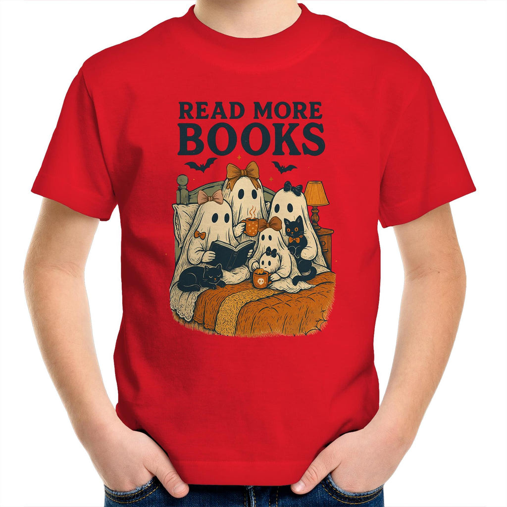 Read More Books, Halloween Ghosts - Kids Youth T-Shirt Red Kids Youth T-shirt Halloween Printed In Australia Reading
