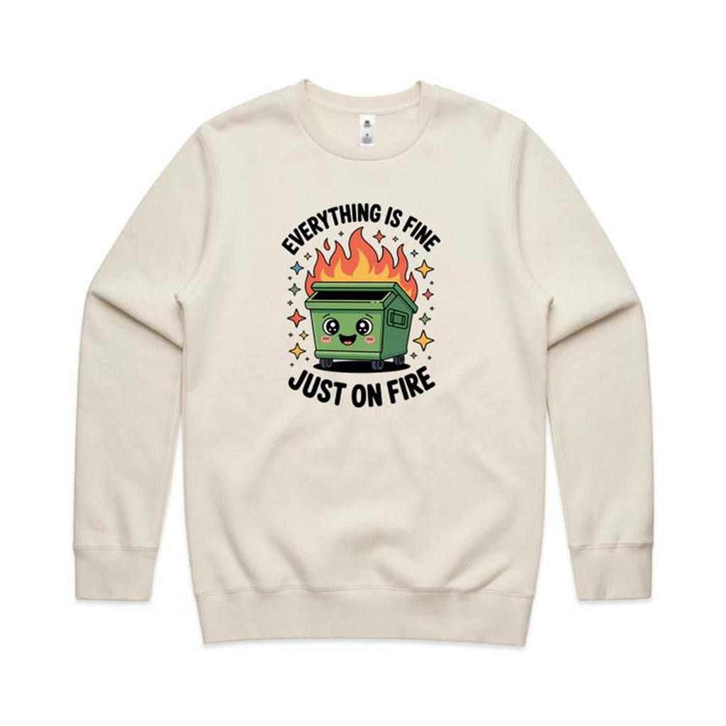 Skip Bin, Dumpster Fire AS Colour Stencil Crew Sweatshirt Unisex Ecru Sweatshirt Printed In Australia