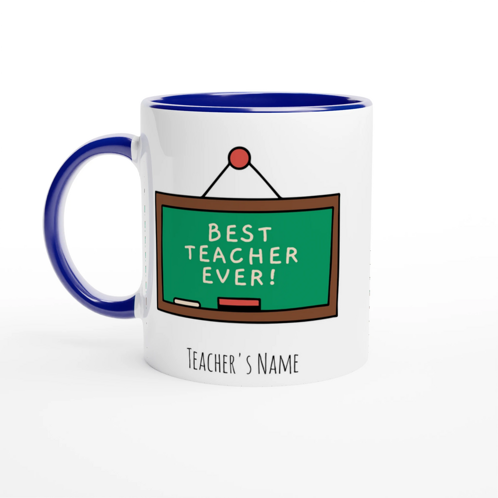 Personalised - Best Teacher Ever, Blackboard - White 11oz Ceramic Mug with Colour Inside Ceramic Blue Personalised 11oz Mug