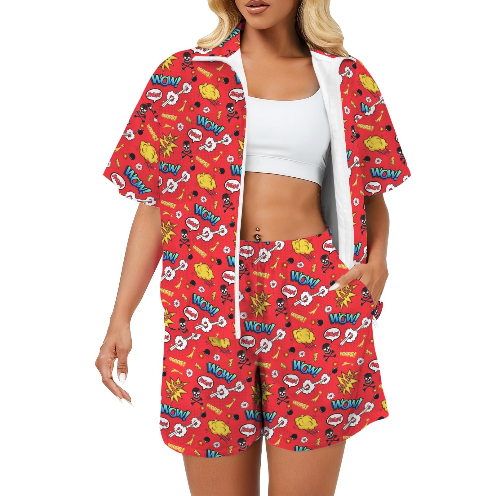 Comic Book Red Women's Windbreaker Short Set 2XL Women's Windbreaker Short Set comic Printed Offshore