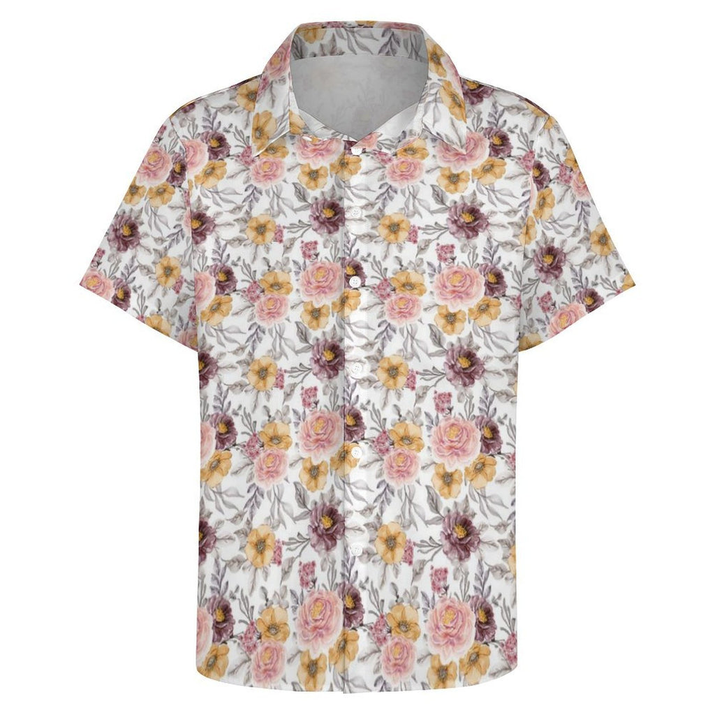 Painted Flowers Women's Collared Pocketless Short Sleeve Shirt
