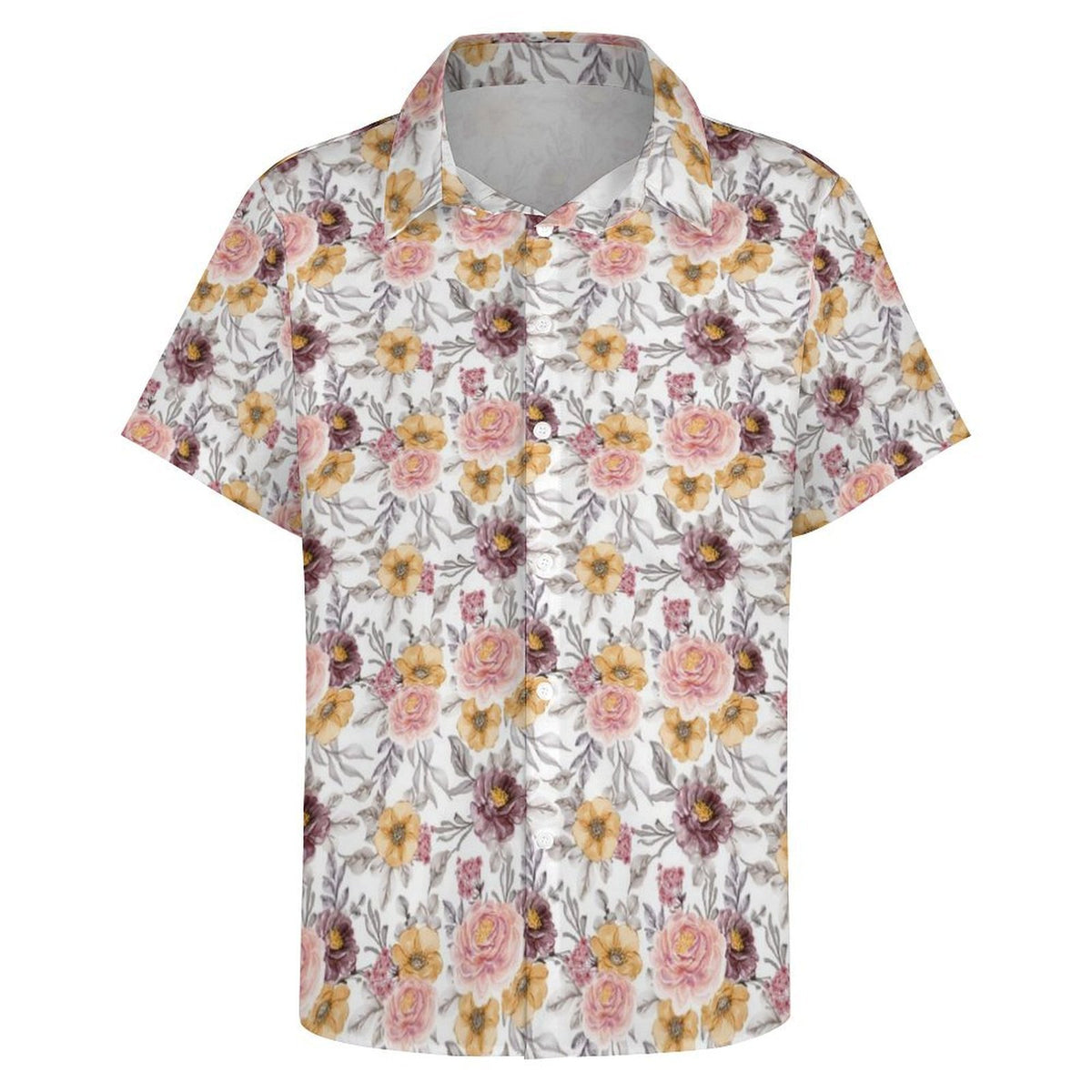 Painted Flowers Women's Collared Pocketless Short Sleeve Shirt