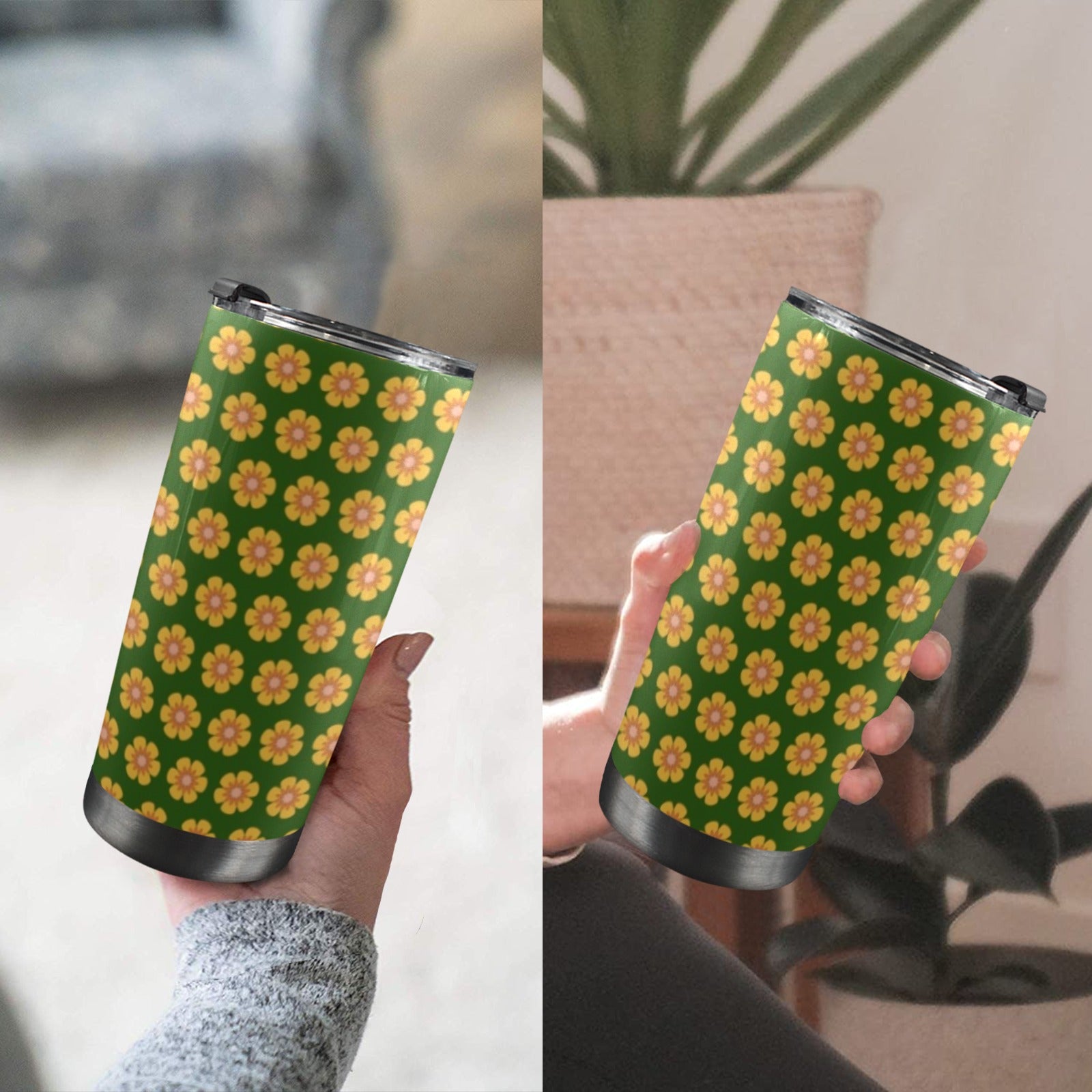 Yellow Flowers On Green 20oz Mobile Tumbler with Lid (Black Lock) 20oz Travel Mug Plants Printed Offshore