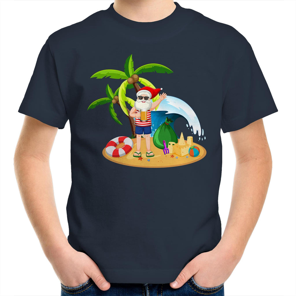 Summer Surf Santa - Kids Youth T-Shirt Navy Kids Christmas T-shirt Christmas Printed In Australia