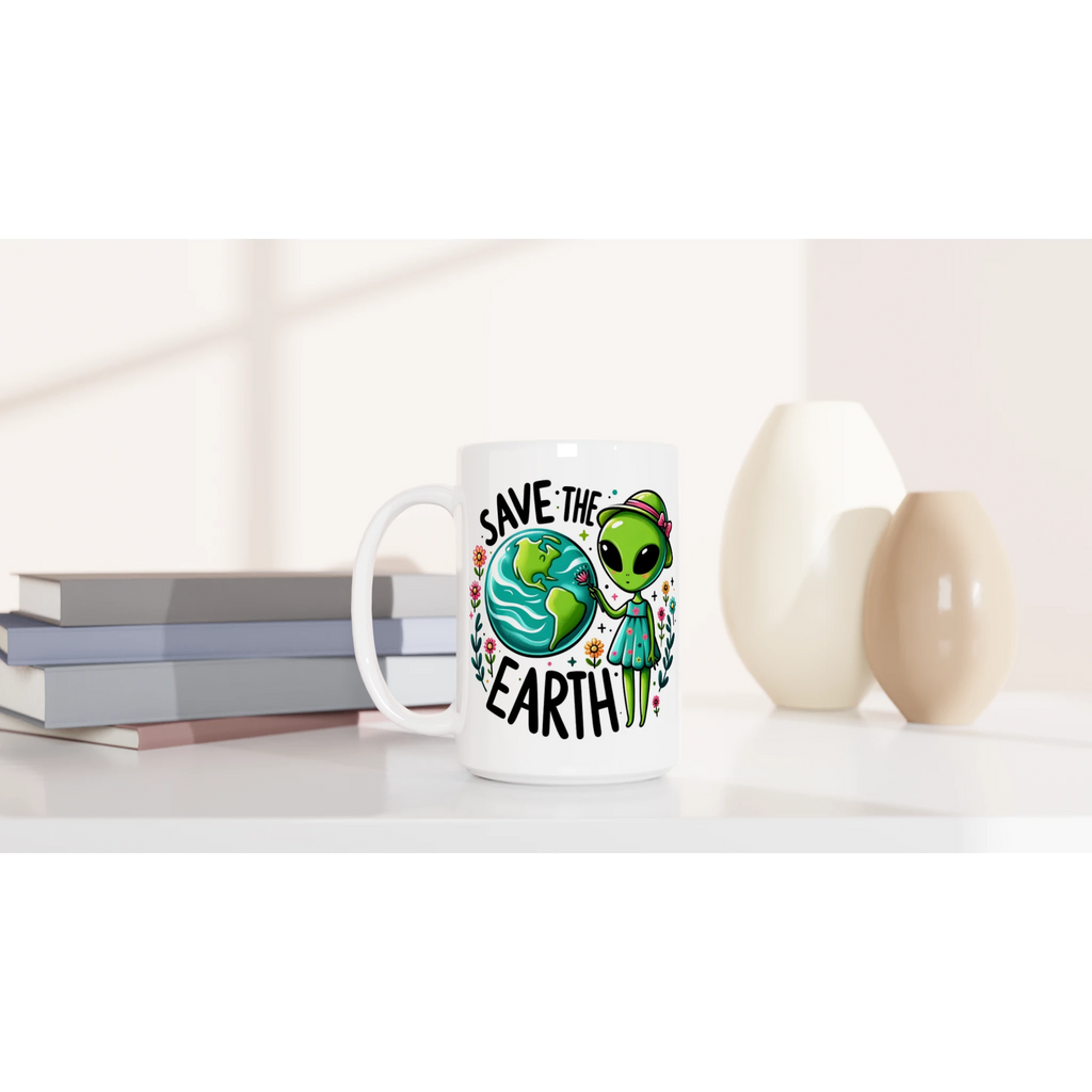 Personalised - Save The Earth, Alien - White 15oz Ceramic Mug Personalised 15oz Mug customise Environment Globally Fulfilled personalise Sci Fi