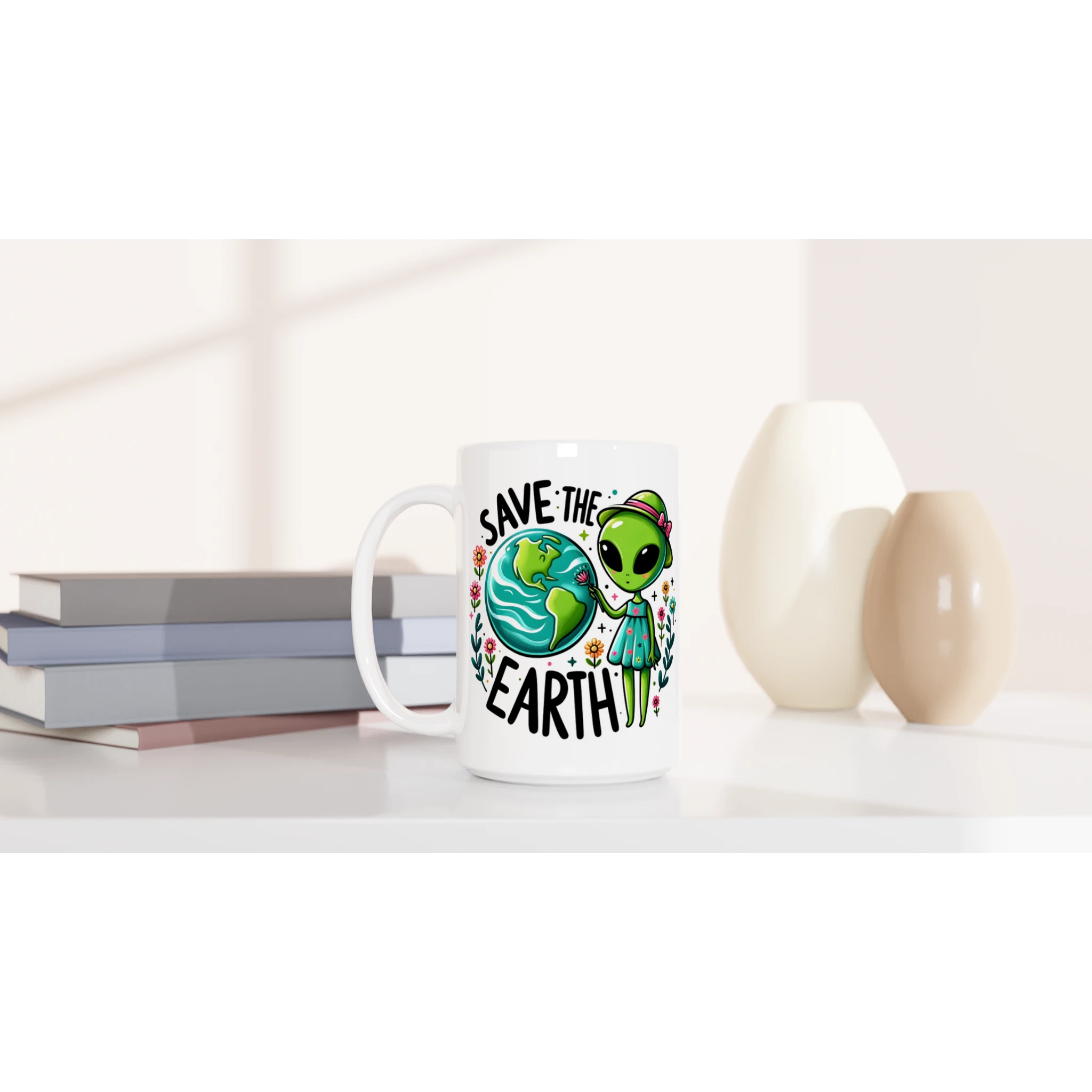 Personalised - Save The Earth, Alien - White 15oz Ceramic Mug Personalised 15oz Mug customise Environment Globally Fulfilled personalise Sci Fi