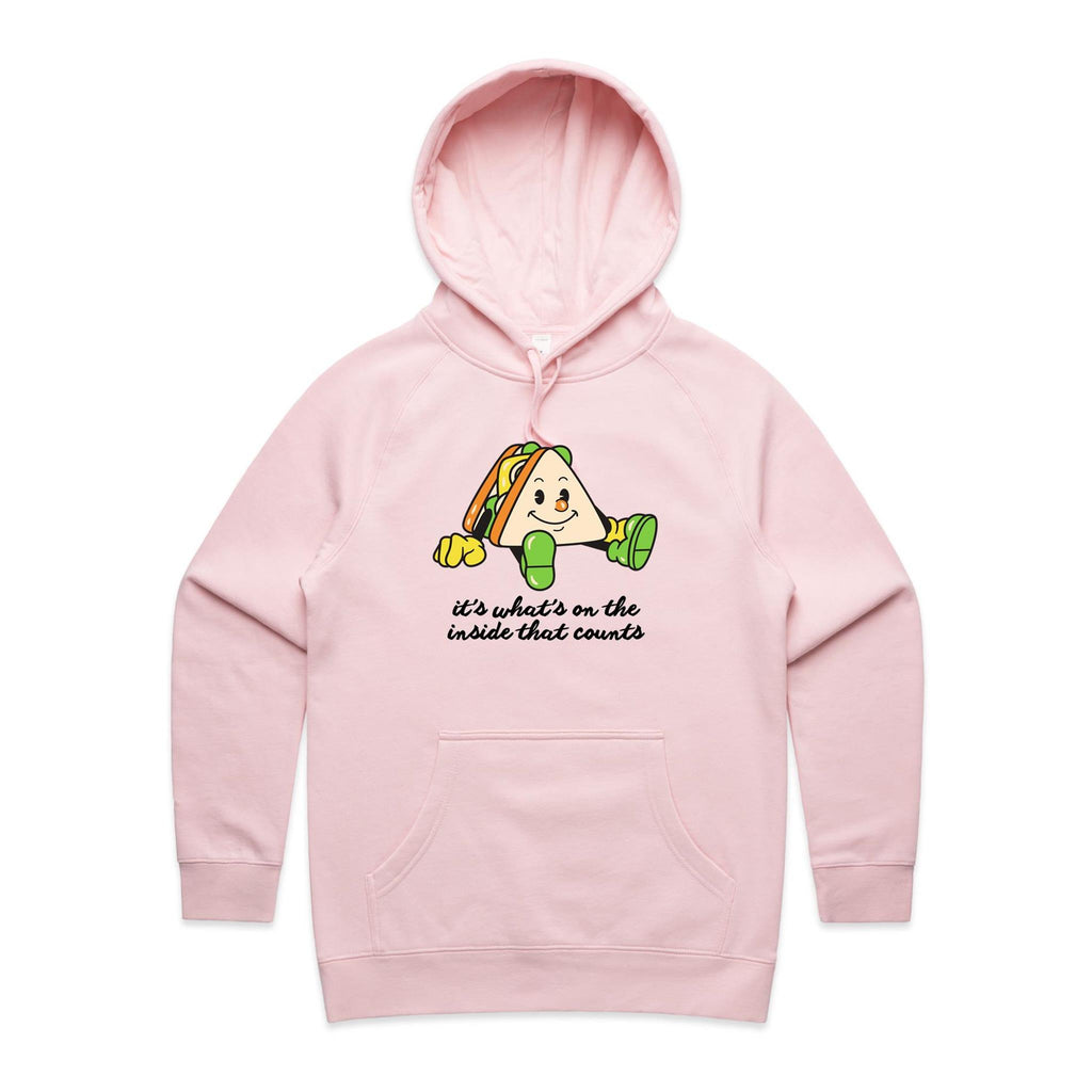 It's What's On The Inside That Counts, Sandwich - Womens Hoodie Pink Womens Hoodie Food Positivity Printed In Australia