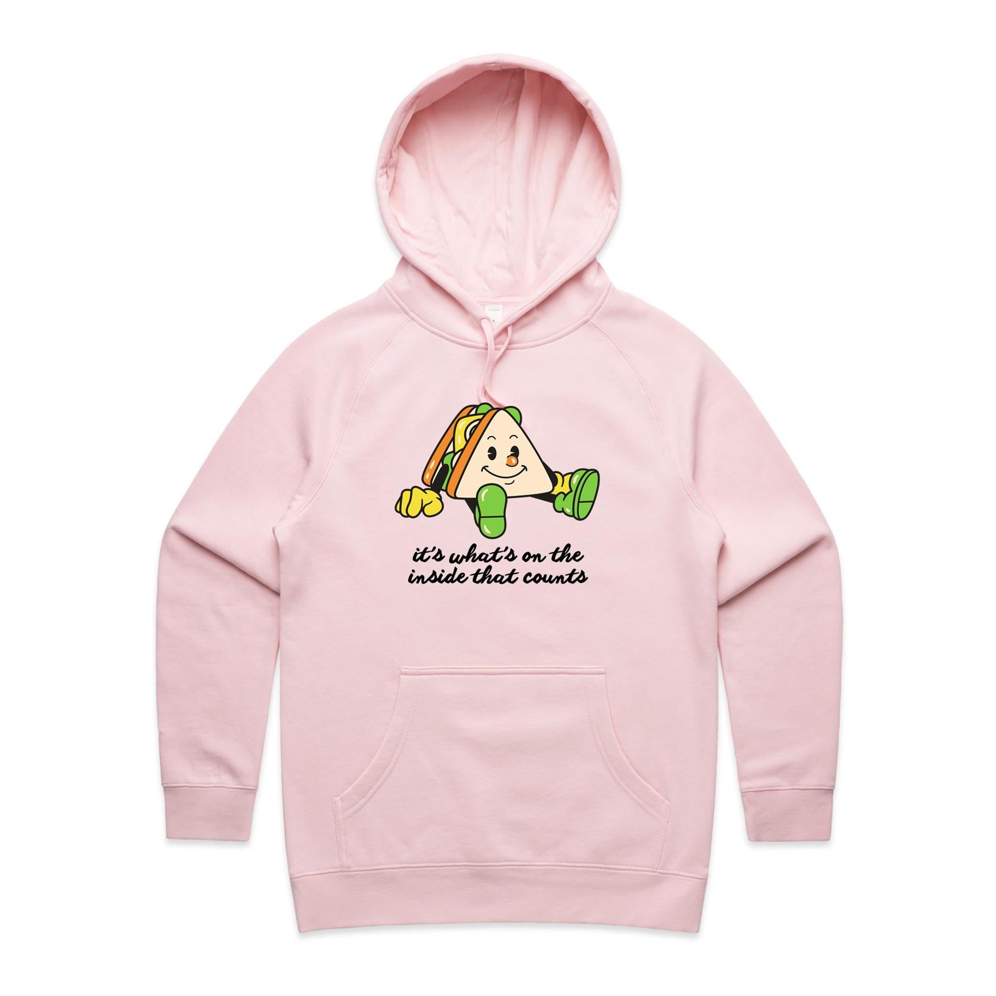 It's What's On The Inside That Counts, Sandwich - Womens Hoodie Pink Womens Hoodie Food Positivity Printed In Australia
