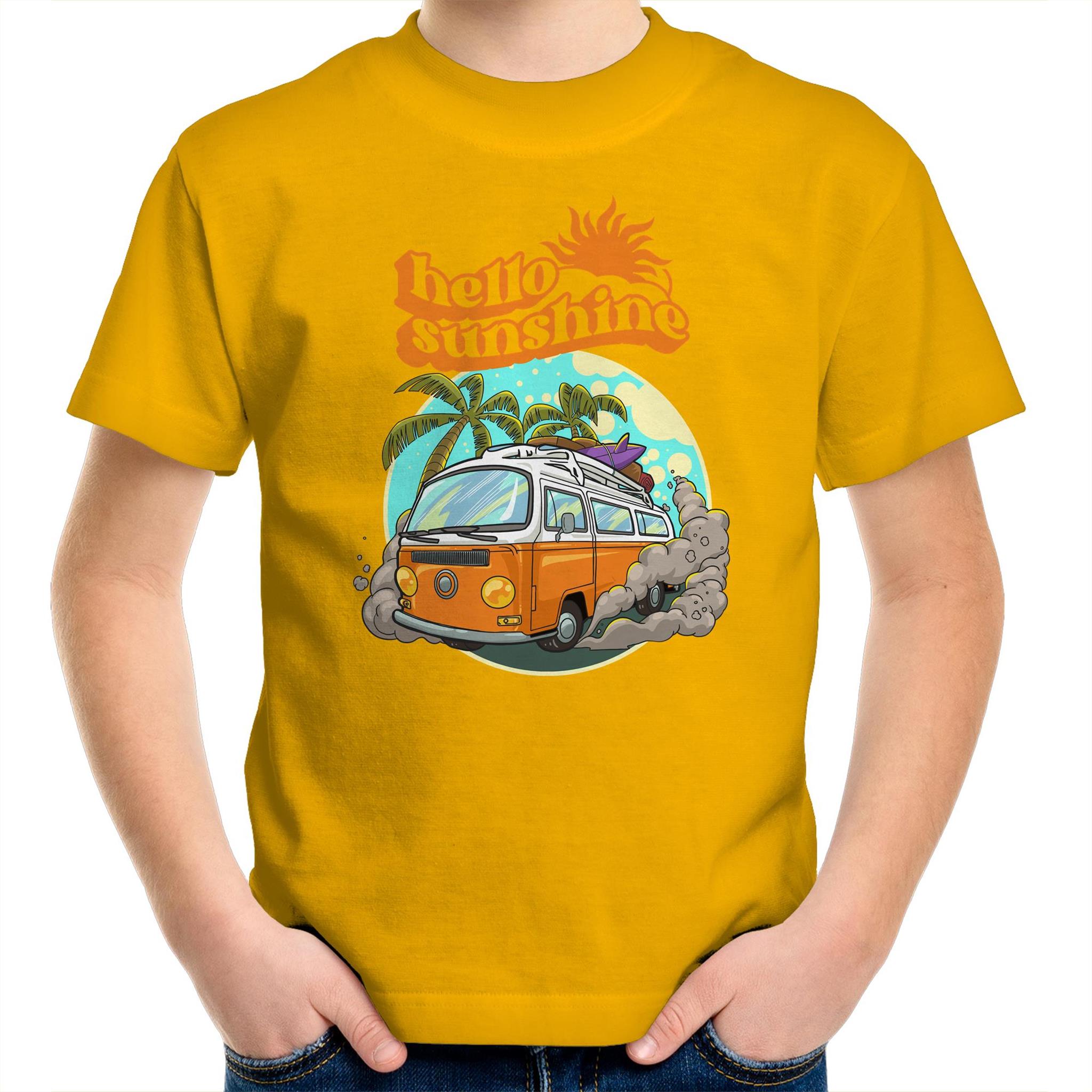 Hello Sunshine, Beach Van - Kids Youth T-Shirt Gold Kids Youth T-shirt Printed In Australia Retro Summer Surf