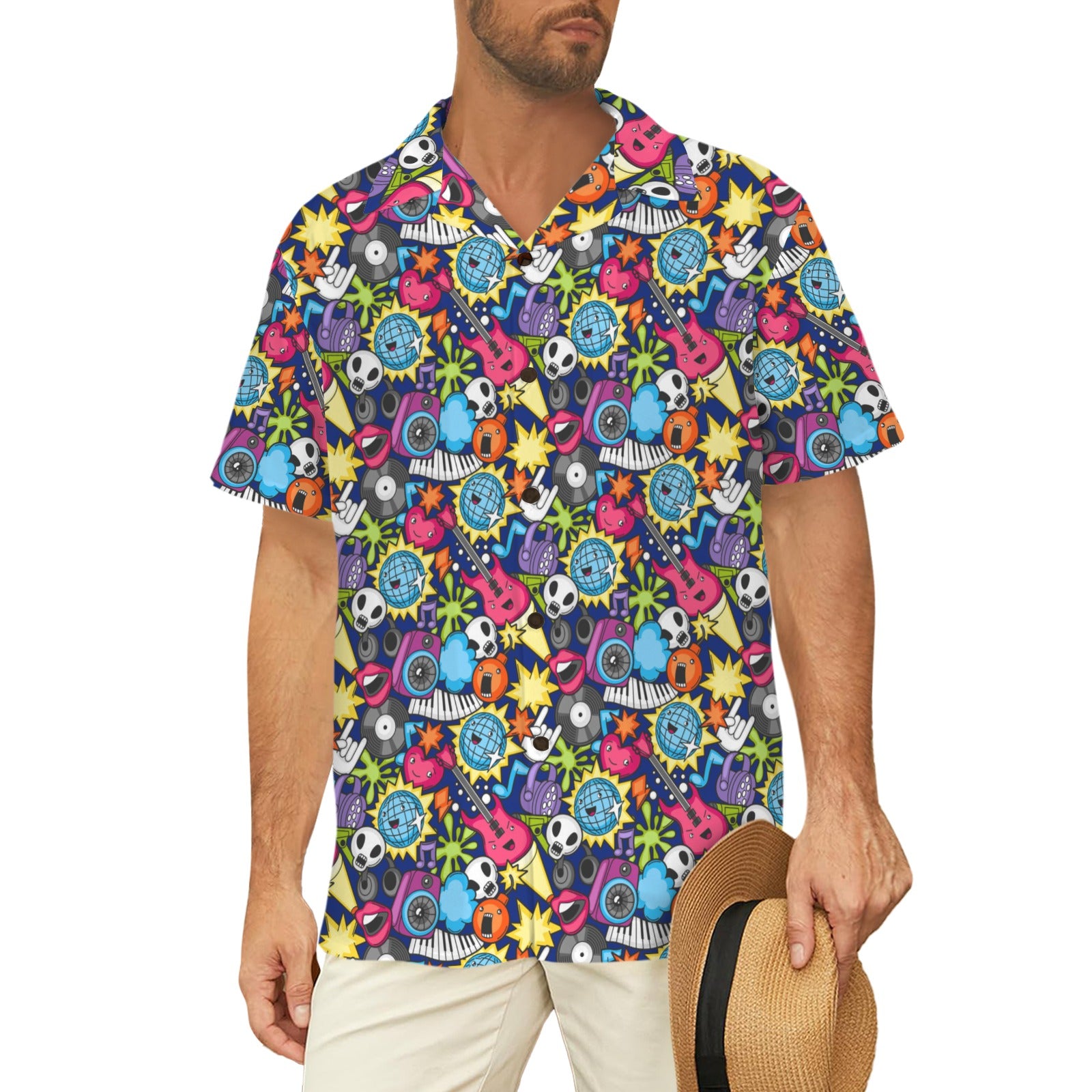 Sticker Music Men's Short Sleeve Hawaiian Shirt Men's Hawaiian Shirt (New) Music Printed Offshore