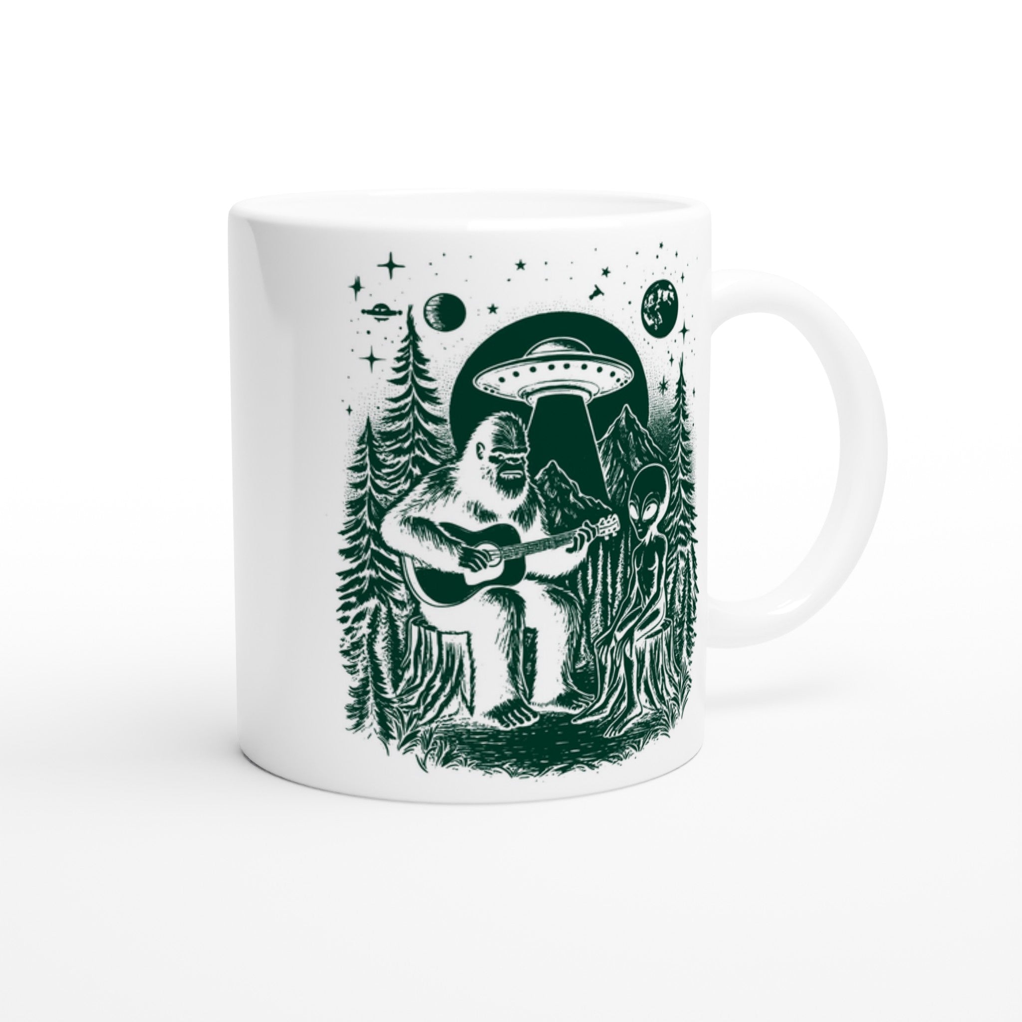 Alien And Bigfoot Play Guitar - White 11oz Ceramic Mug White 11oz Mug Globally Fulfilled Music Sci Fi