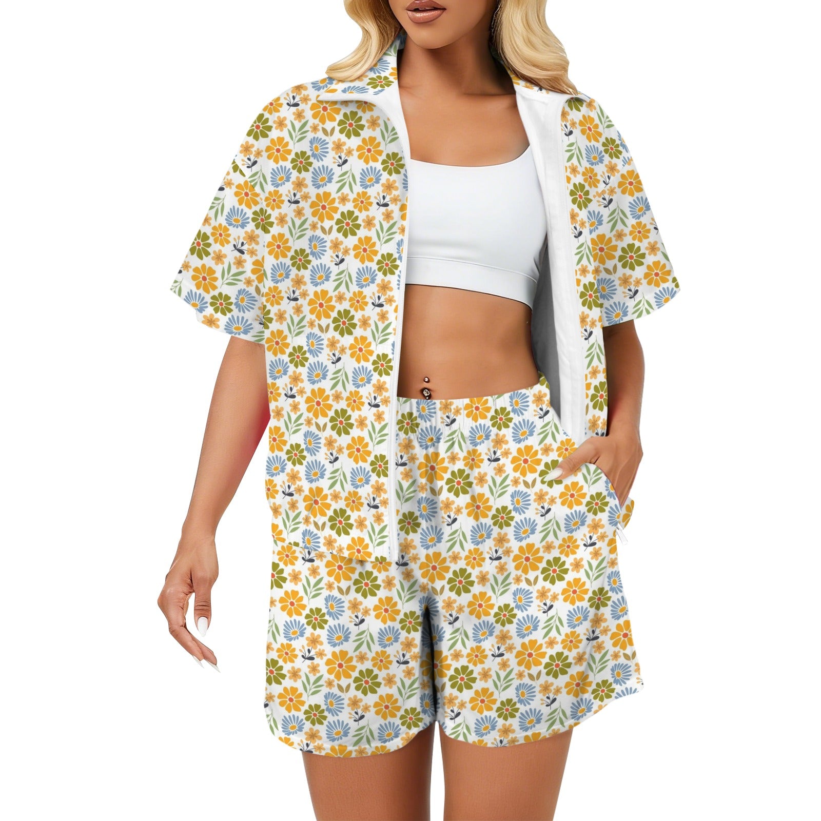 Retro Boho Flower Women's Windbreaker Short Set 2XL Women's Windbreaker Short Set Plants Printed Offshore