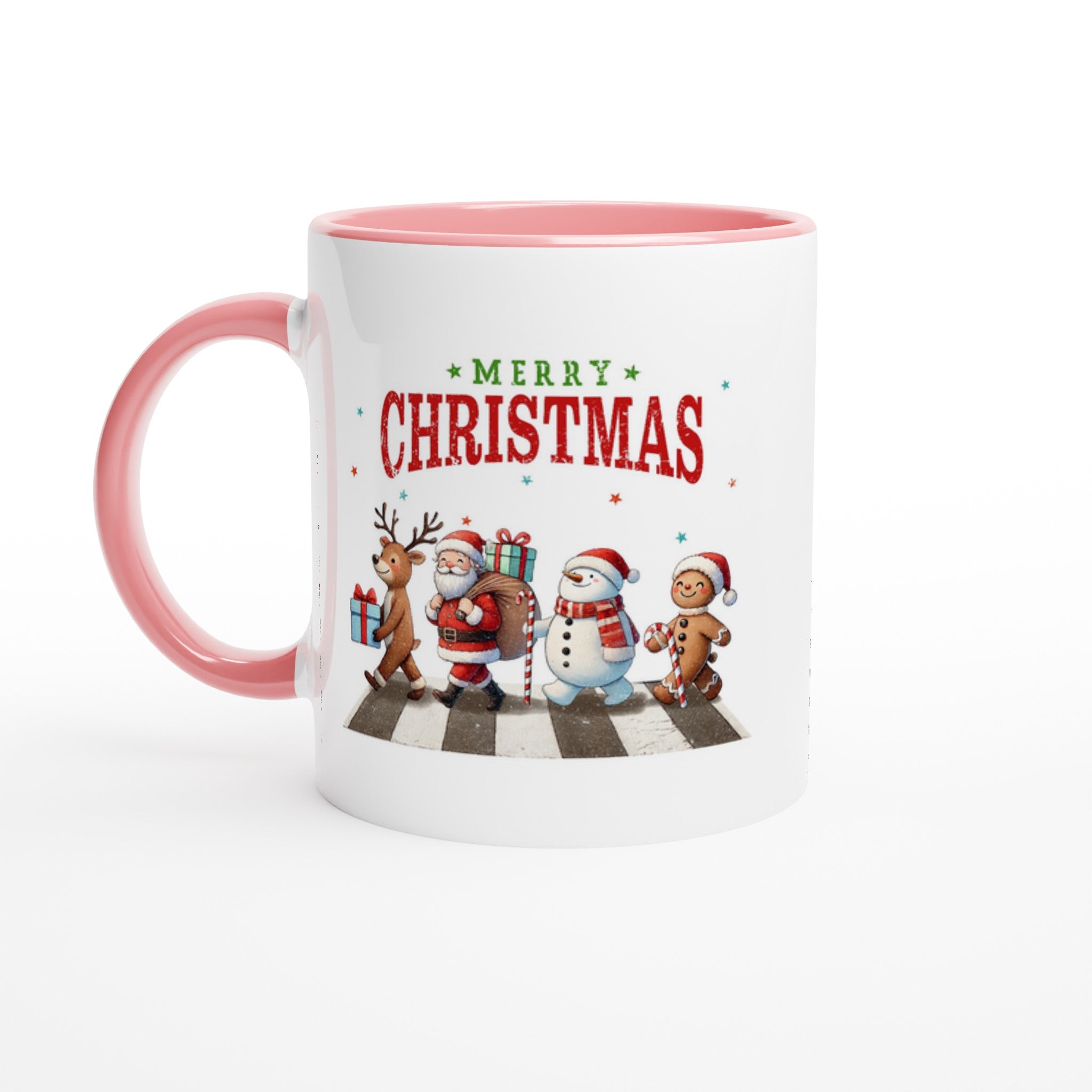 Fab Four, Merry Christmas - White 11oz Ceramic Mug with Color Inside Ceramic Pink Christmas Colour Mug Christmas Globally Fulfilled