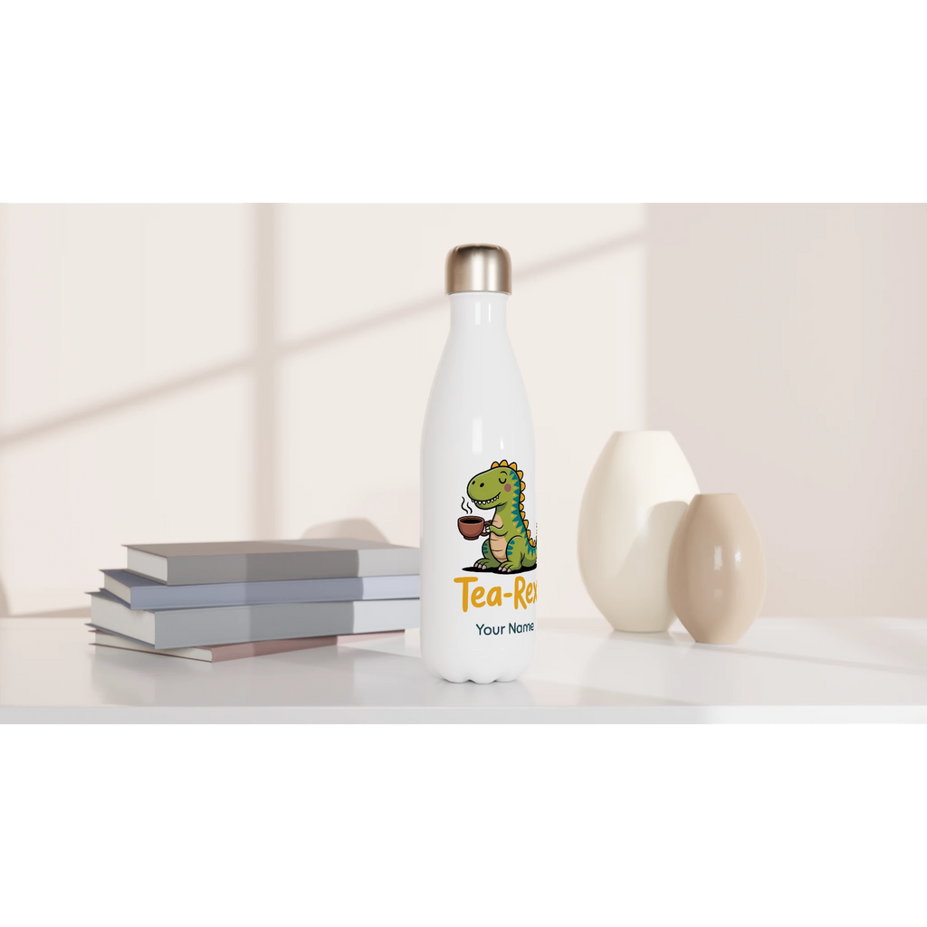 Personalised Tea-Rex, Tea Drinking Dinosaur White 17oz Stainless Steel Water Bottle Personalised Water Bottle Globally Fulfilled Tea