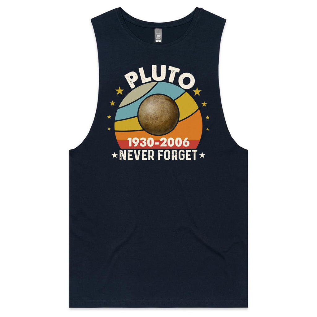 Never Forget Pluto Mens Men's AS Colour Drop Arm Tank Top Navy Drop Arm Tank Top Printed In Australia Space