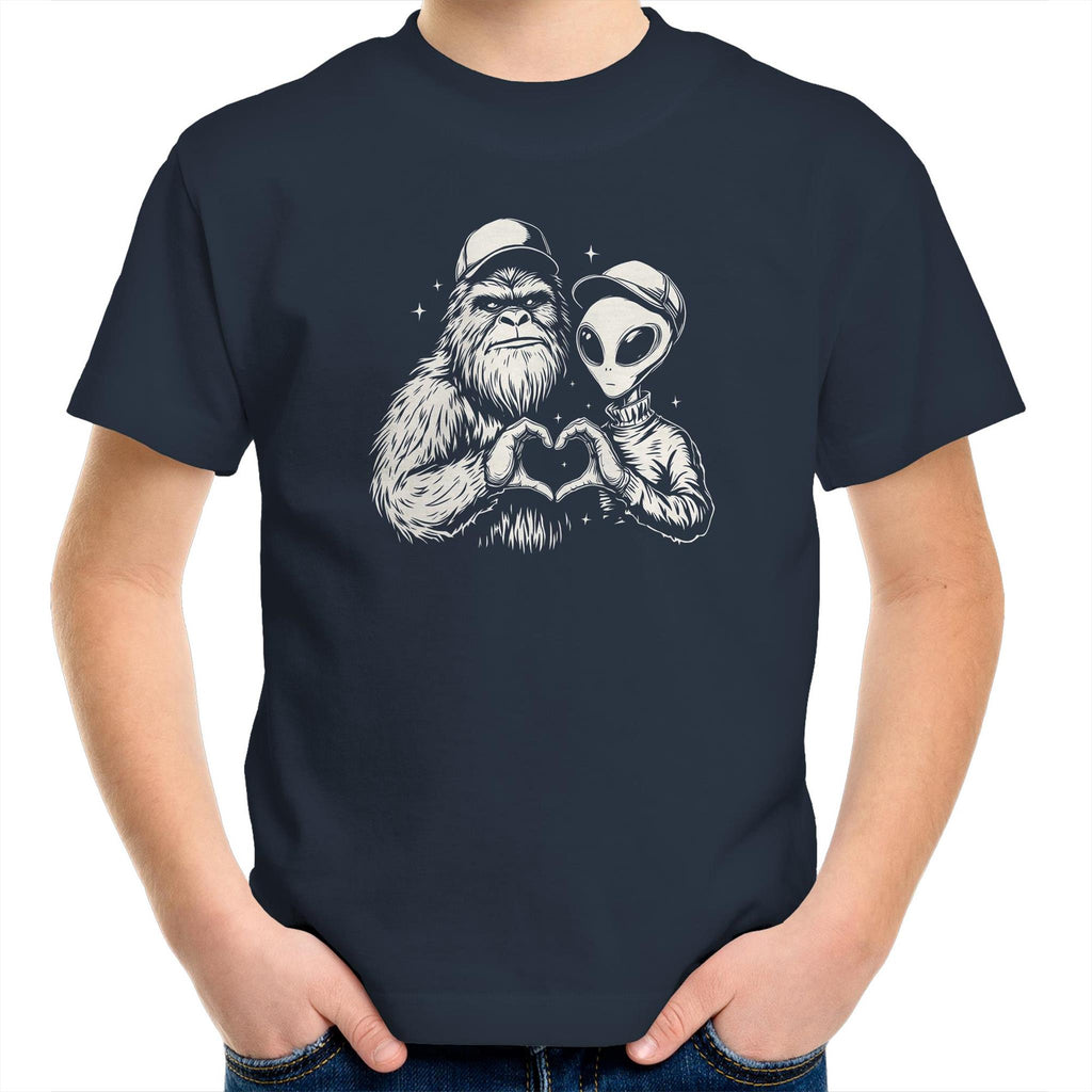 Alien Bigfoot Heart Hands - Kids Youth T-shirt Navy Kids Youth T-shirt Love Printed In Australia Sci Fi