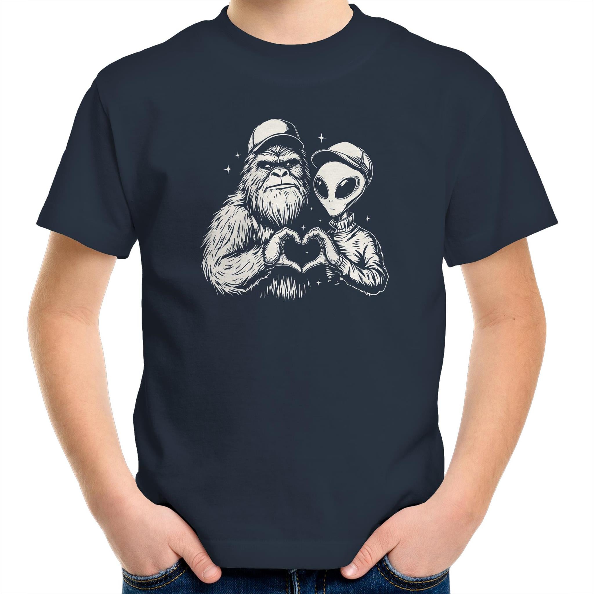 Alien Bigfoot Heart Hands - Kids Youth T-shirt Navy Kids Youth T-shirt Love Printed In Australia Sci Fi