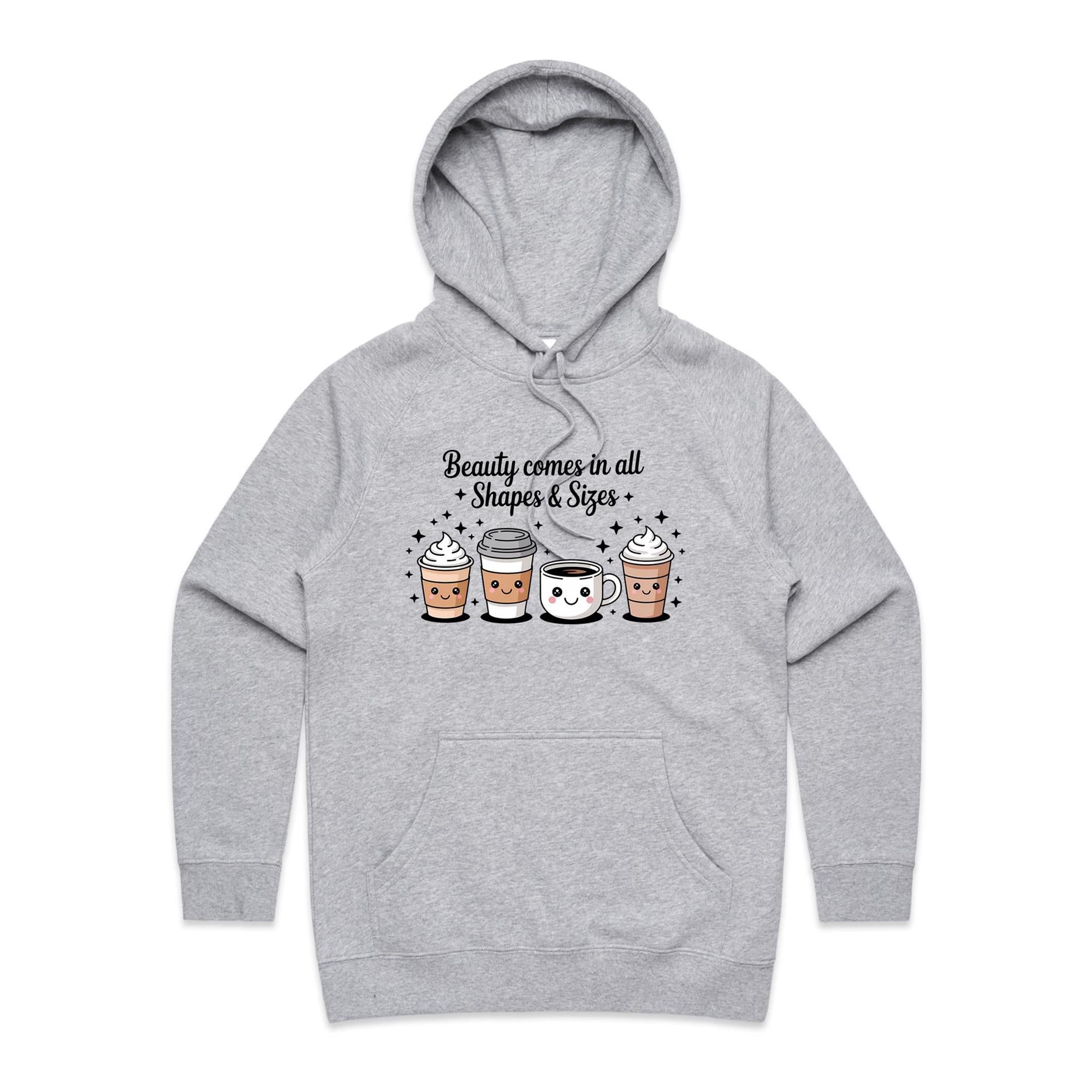 Coffee Beauty, All Shapes And Sizes Women's AS Colour Hoodie Grey Marle Womens Hoodie Coffee Positivity Printed In Australia