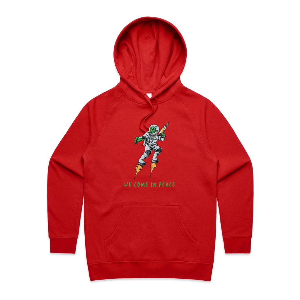 Alien Invasion, We Come In Peace - Womens Hoodie Red Womens 2XL Womens Hoodie Printed In Australia Sci Fi