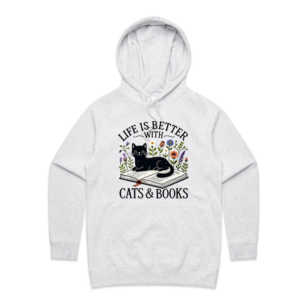 Life Is Better With Cats And Books - Womens Hoodie White Marle Womens Hoodie animal Printed In Australia Reading