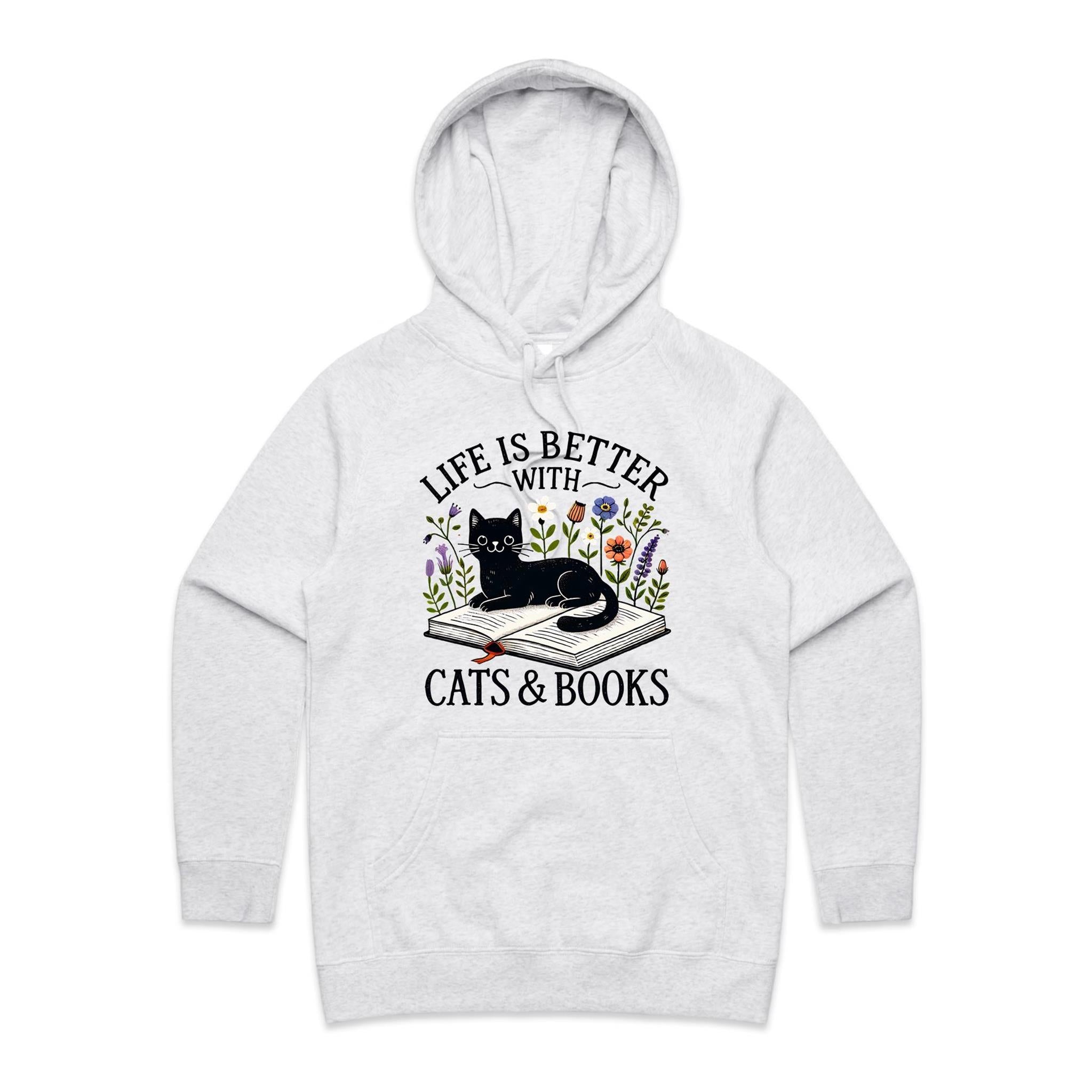 Life Is Better With Cats And Books - Womens Hoodie White Marle Womens Hoodie animal Printed In Australia Reading