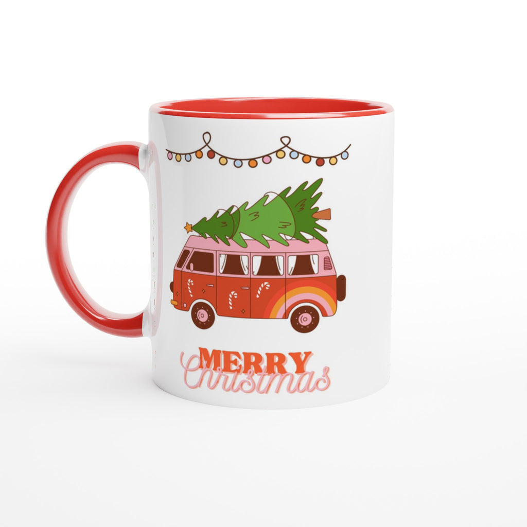 Christmas Tree On Peace Van - White 11oz Ceramic Mug with Colour Inside Ceramic Red Christmas Colour Mug Christmas Globally Fulfilled