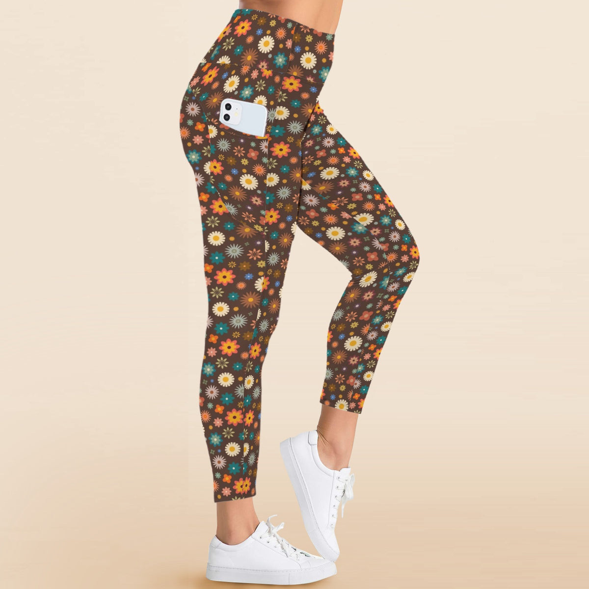 Abstract Floral On Brown Women's High Waist Pockets Yoga Leggings
