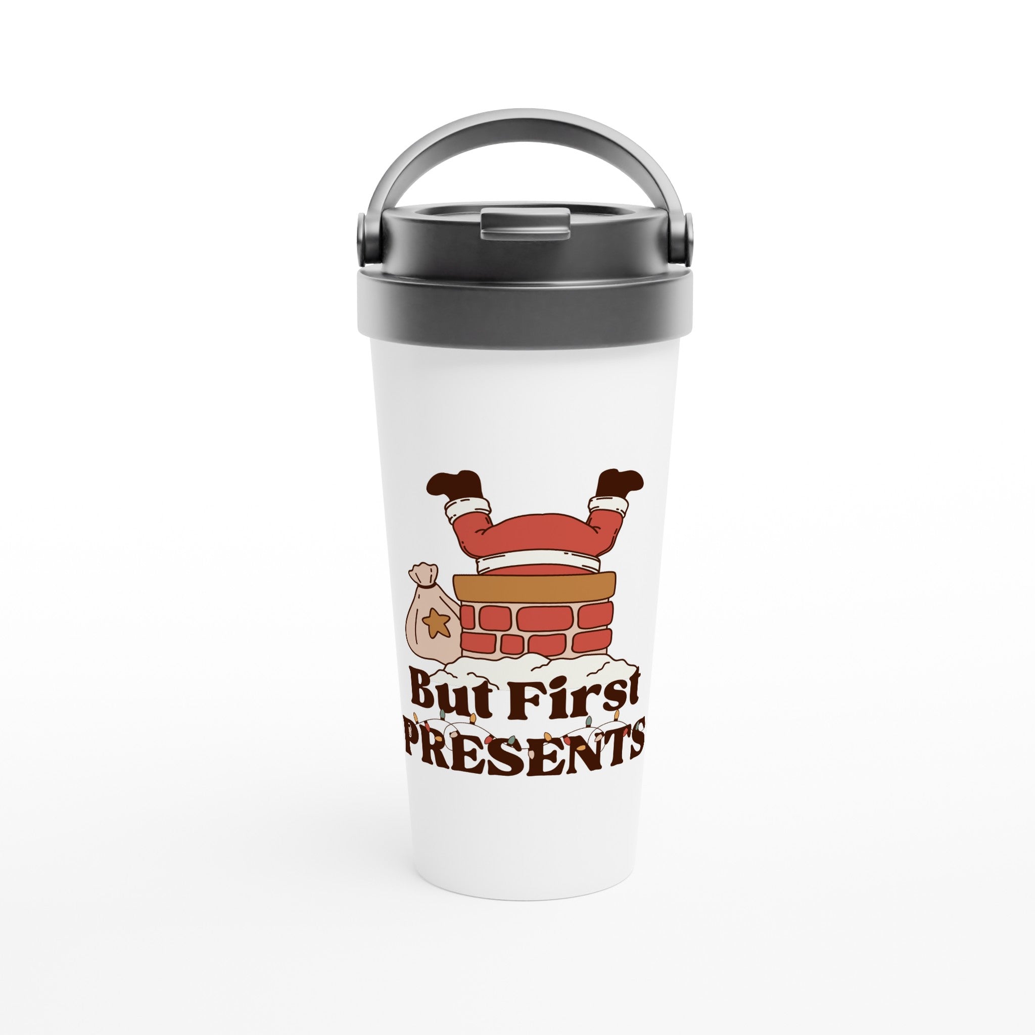 But First Presents, Santa In Chimney - White 15oz Stainless Steel Travel Mug Default Title Christmas Travel Mug Christmas Globally Fulfilled