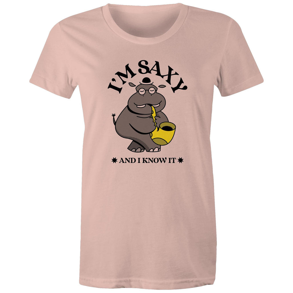 I'm Saxy And I Know It, Saxophone Hippo - Womens T-shirt Pale Pink Womens T-shirt animal Music Printed In Australia