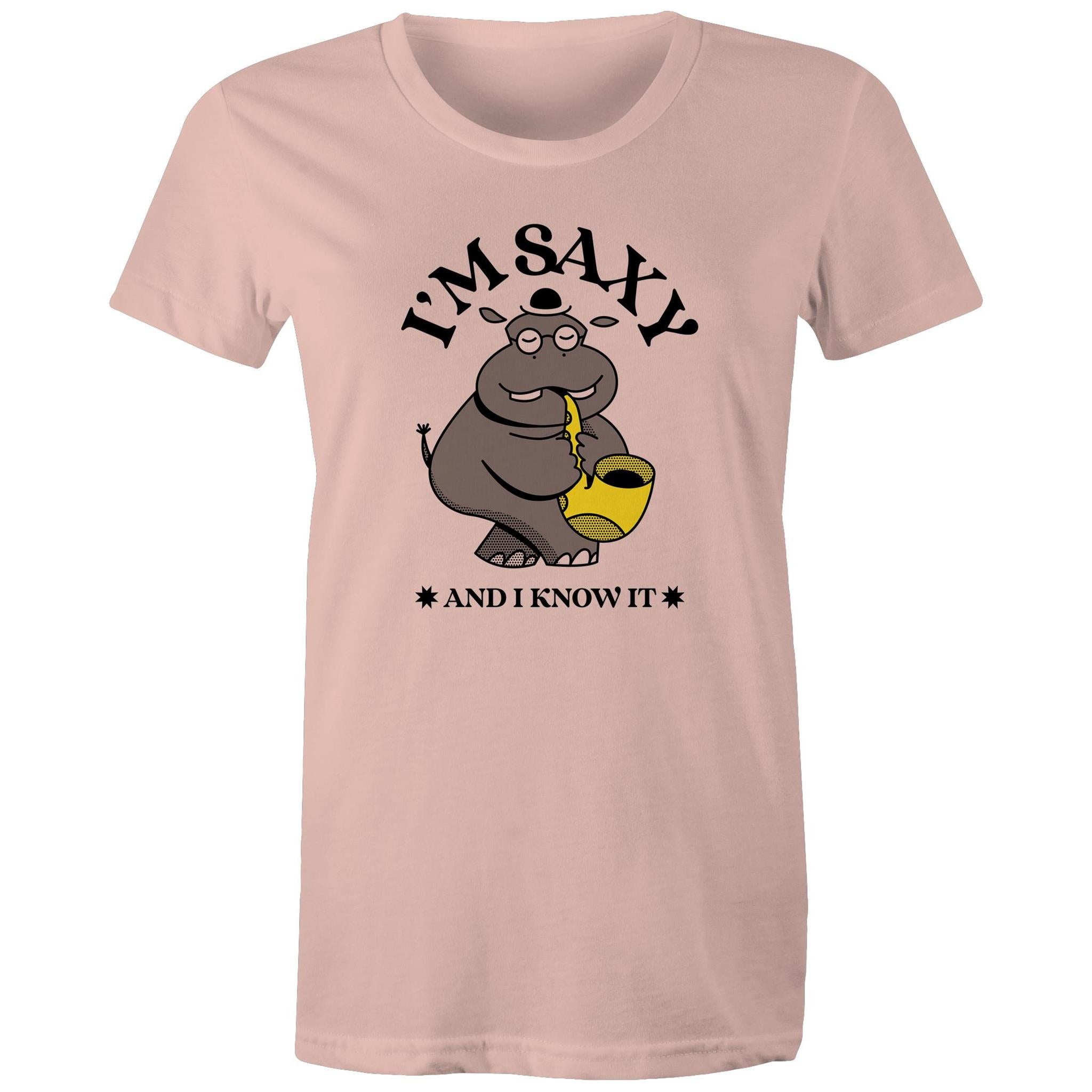 I'm Saxy And I Know It, Saxophone Hippo - Womens T-shirt Pale Pink Womens T-shirt animal Music Printed In Australia