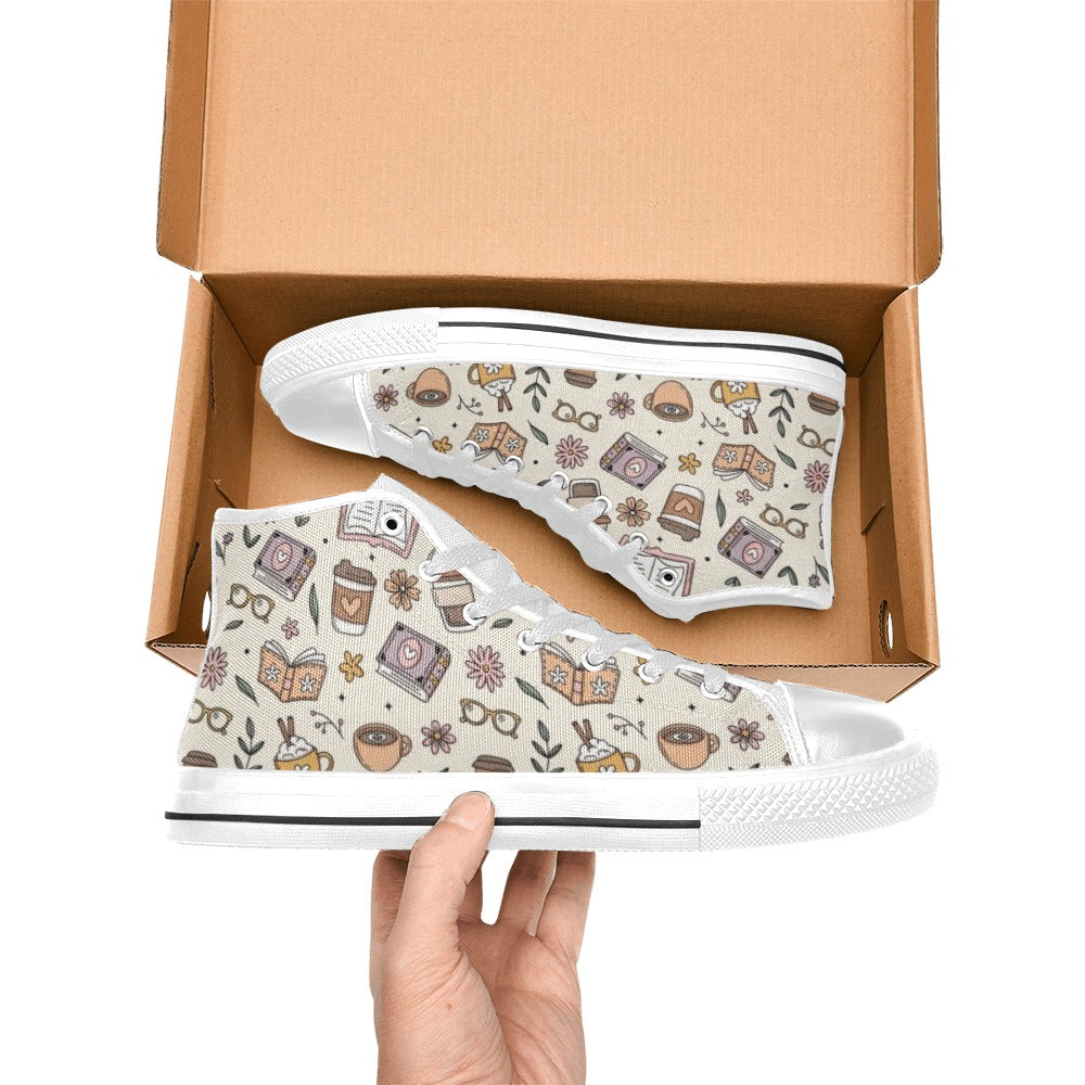 Books And Coffee Women's High Top Canvas Shoes Womens Classic High Top Shoes Coffee Printed Offshore Reading