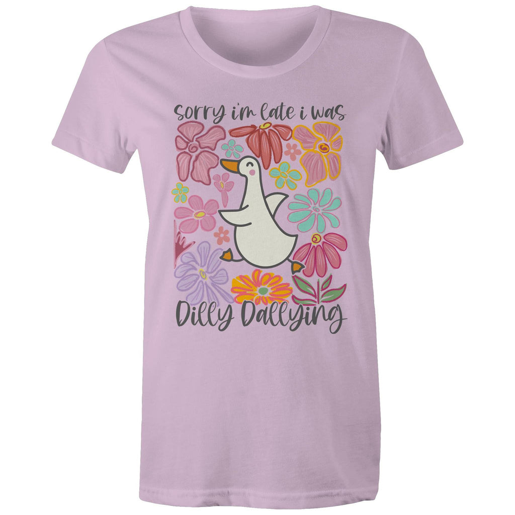Sorry I'm Late, I Was Dilly Dallying - Womens T-shirt Lavender Womens T-shirt animal Printed In Australia